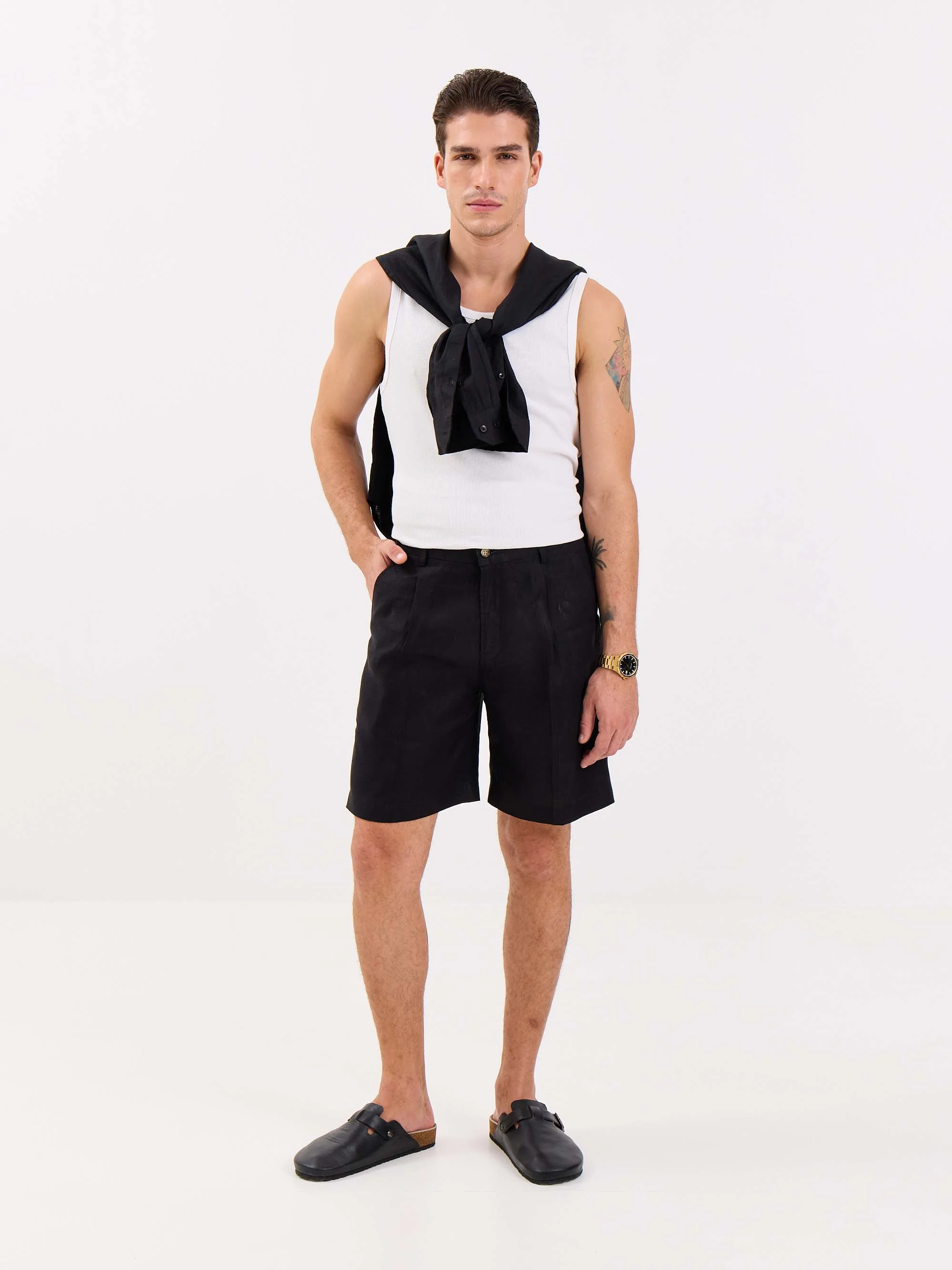 Black Linen Trouser Shorts - Image 3