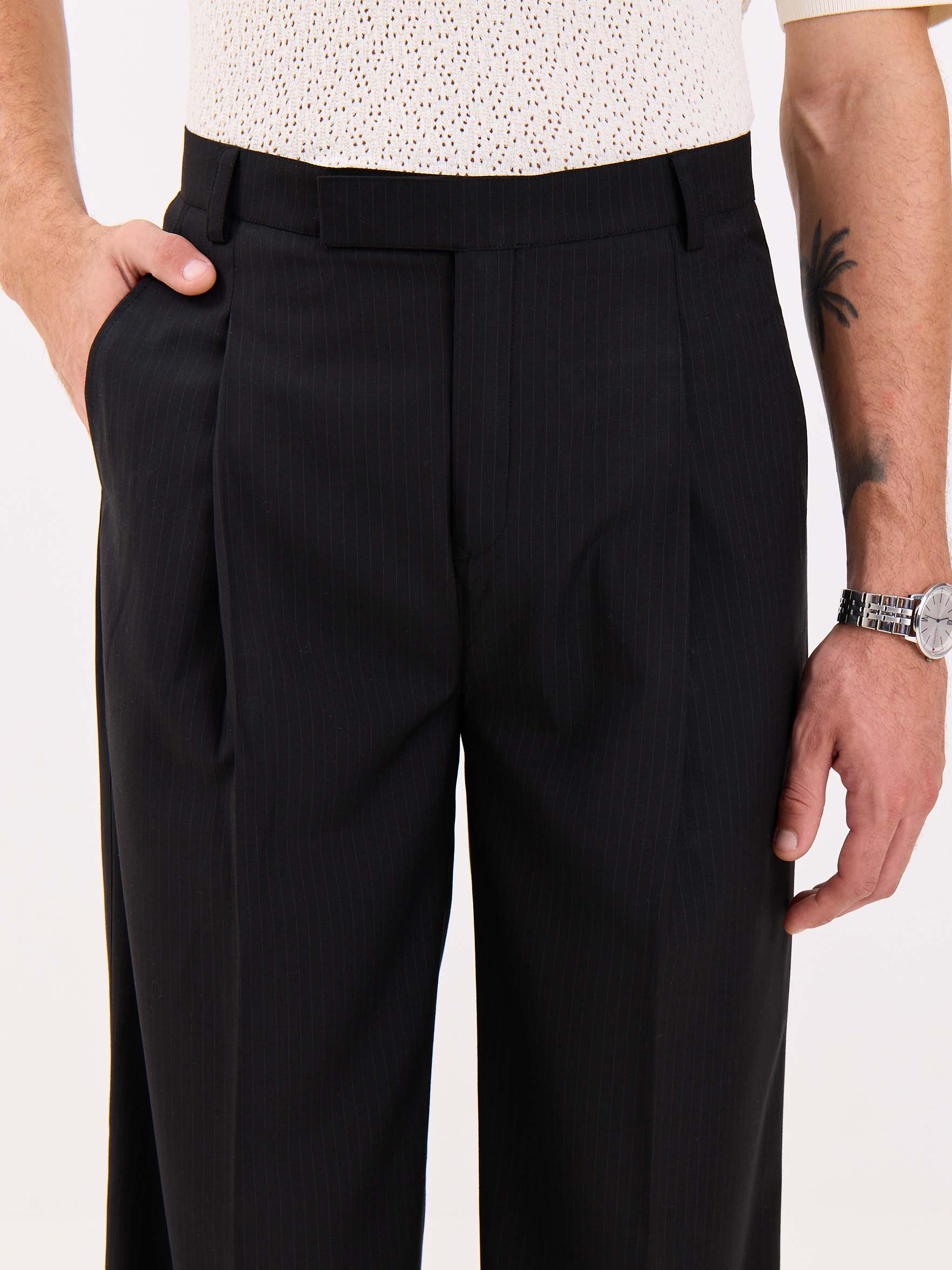Black Pinstriped Baggy Fit Trousers - Image 3