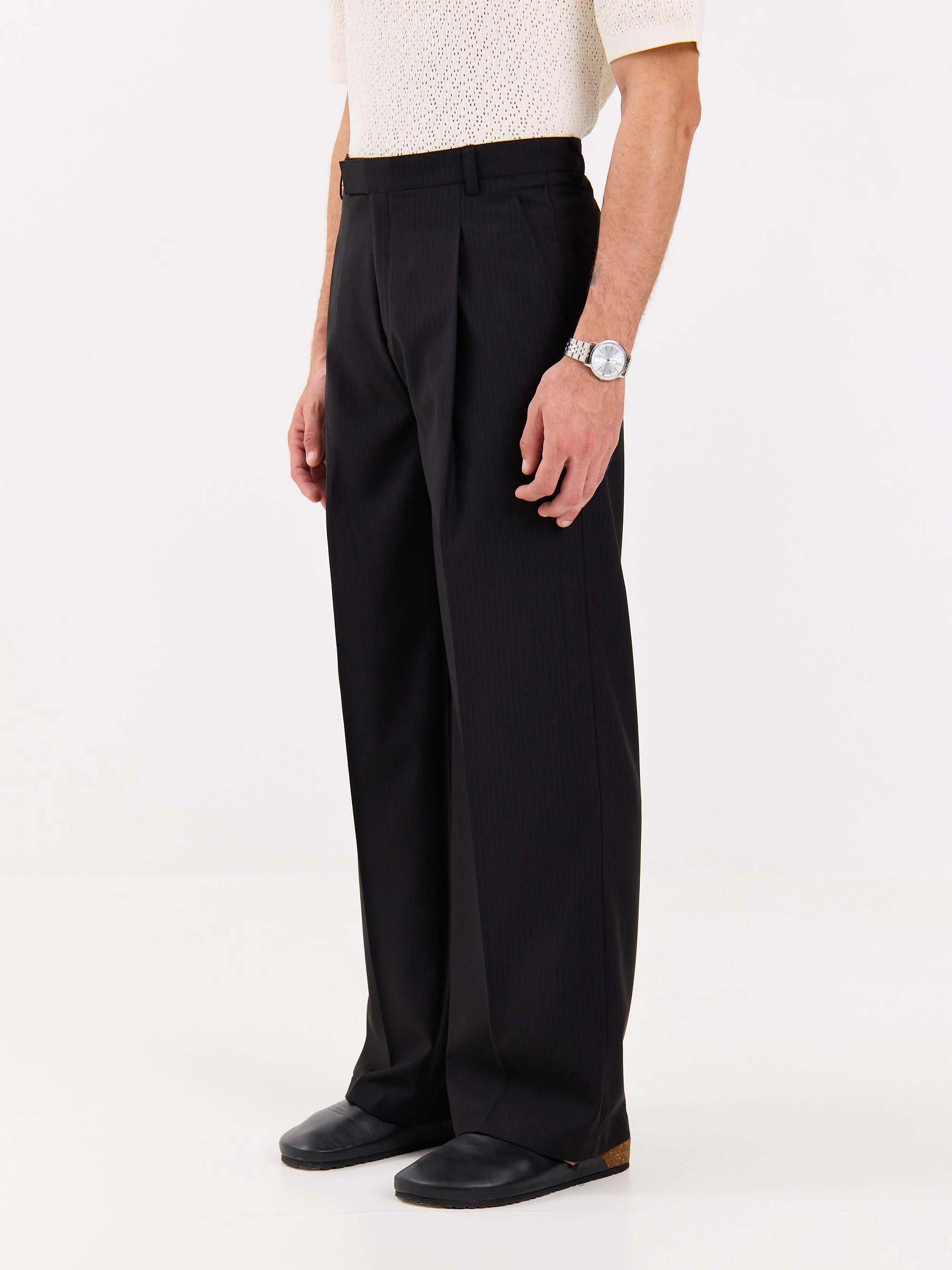 Black Pinstriped Baggy Fit Trousers - Image 5