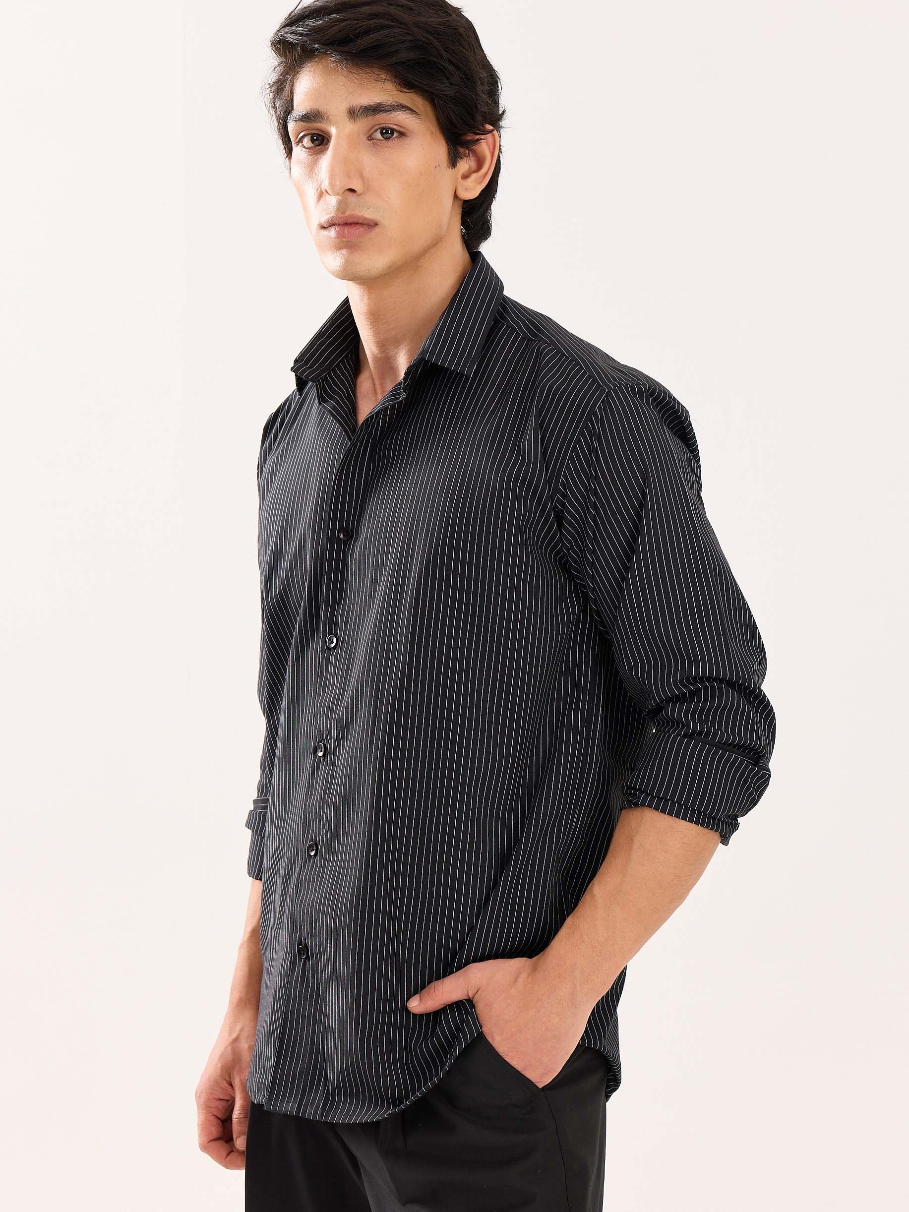 Black Pinstriped Poplin Shirt - Image 6