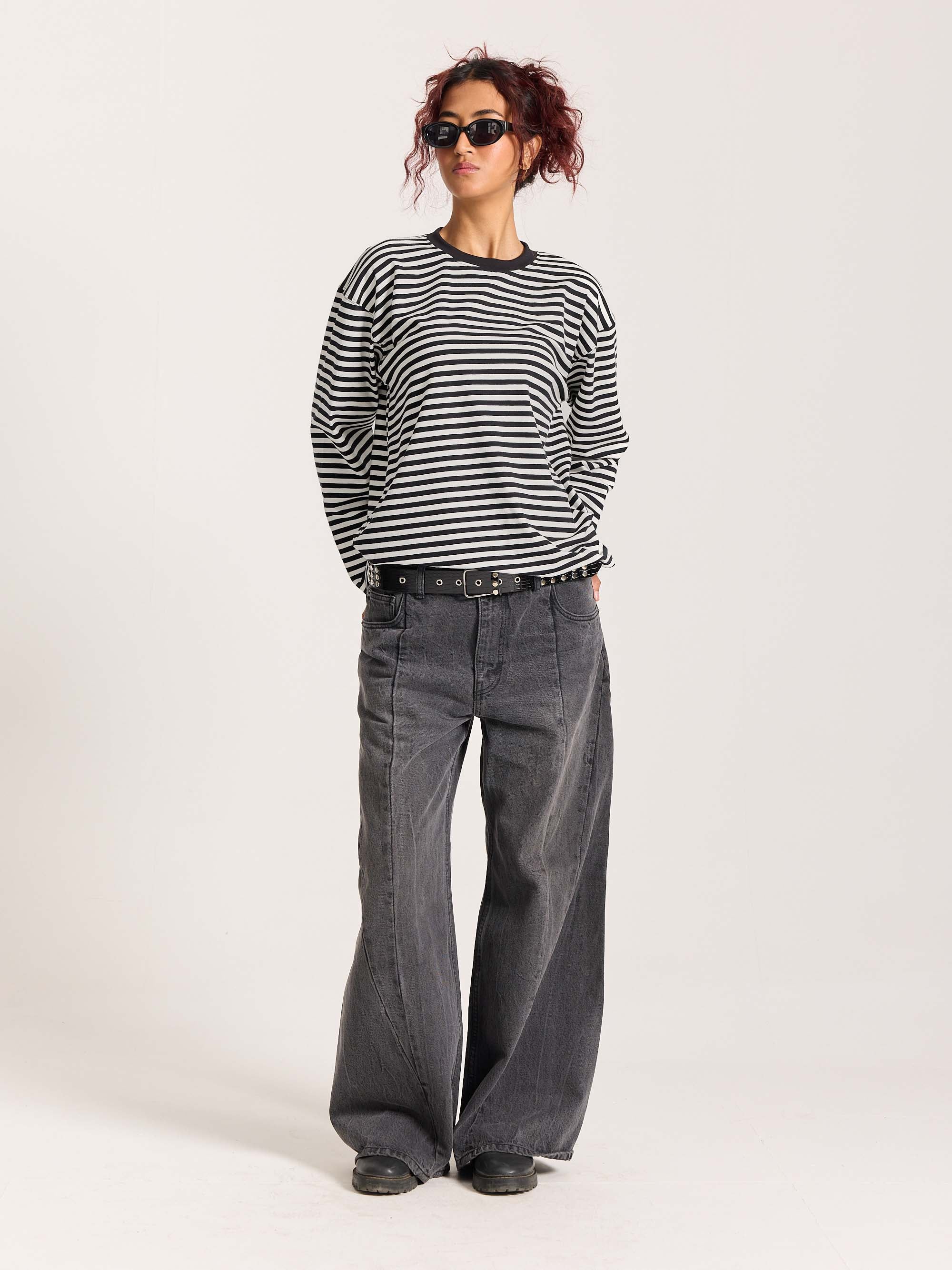 Black Striped Loose Fit Cropped T-Shirt - Image 2