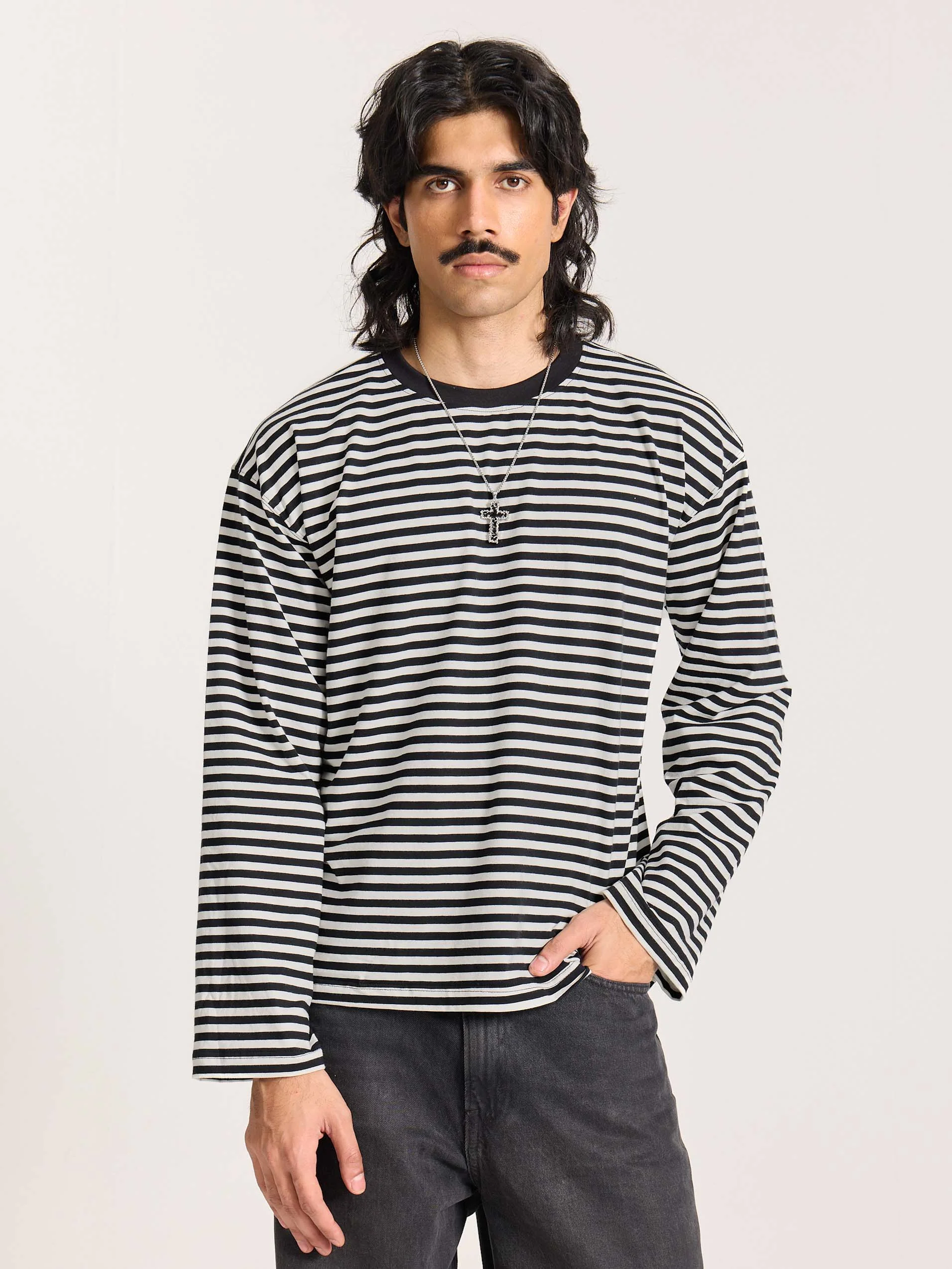 Black Striped Loose Fit Cropped T-Shirt - Image 3