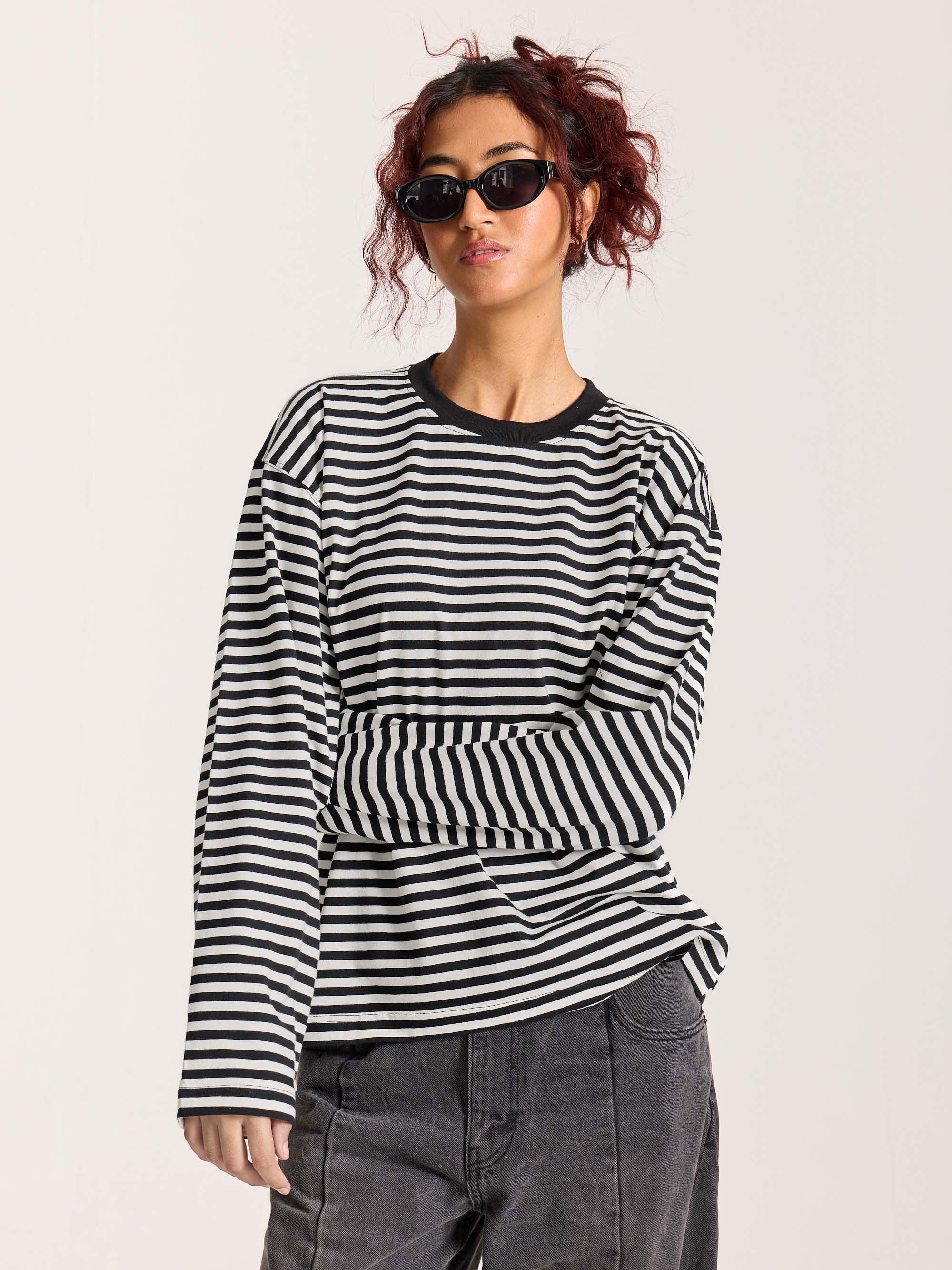 Black Striped Loose Fit Cropped T-Shirt - Image 4