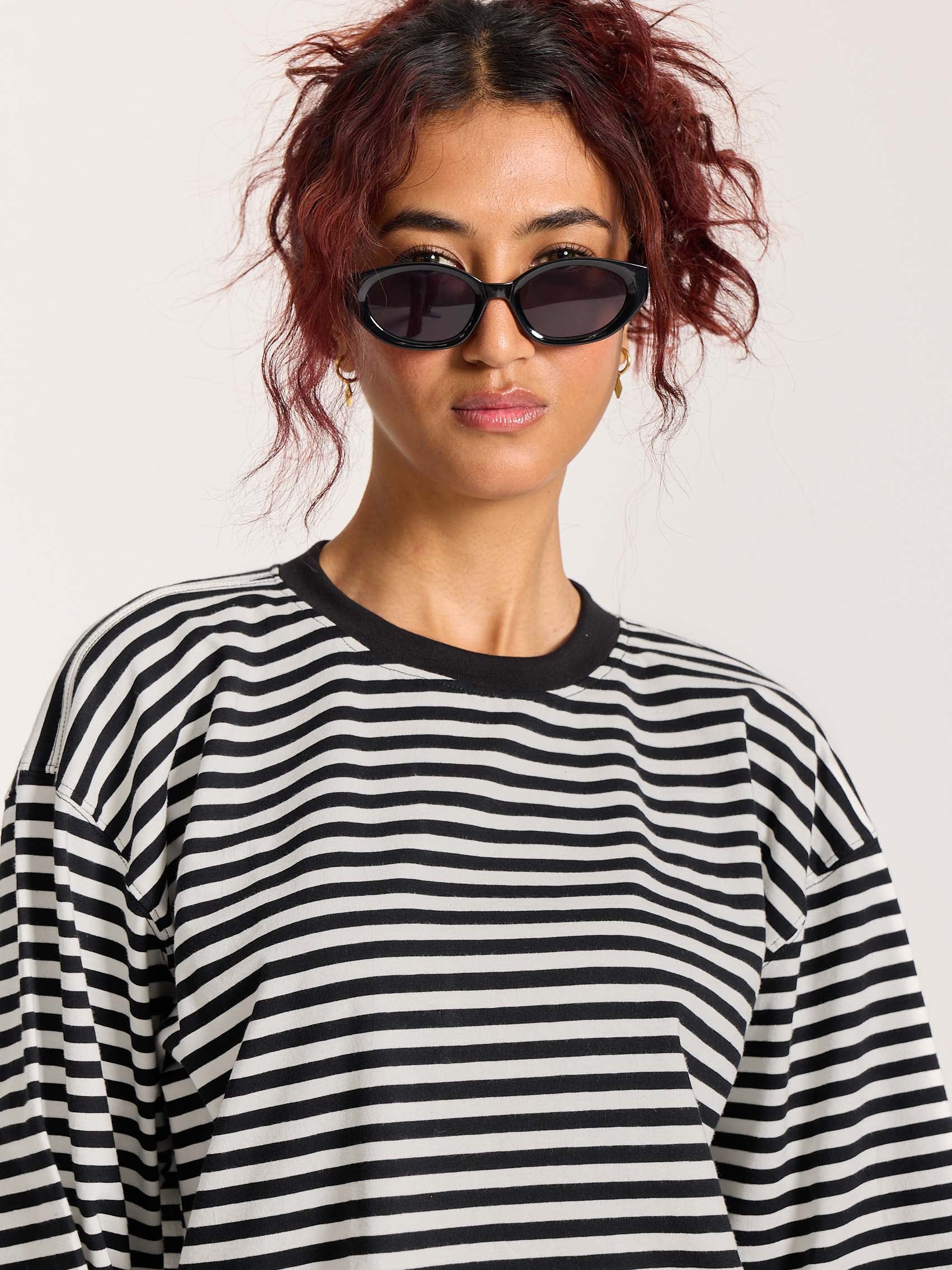 Black Striped Loose Fit Cropped T-Shirt - Image 6