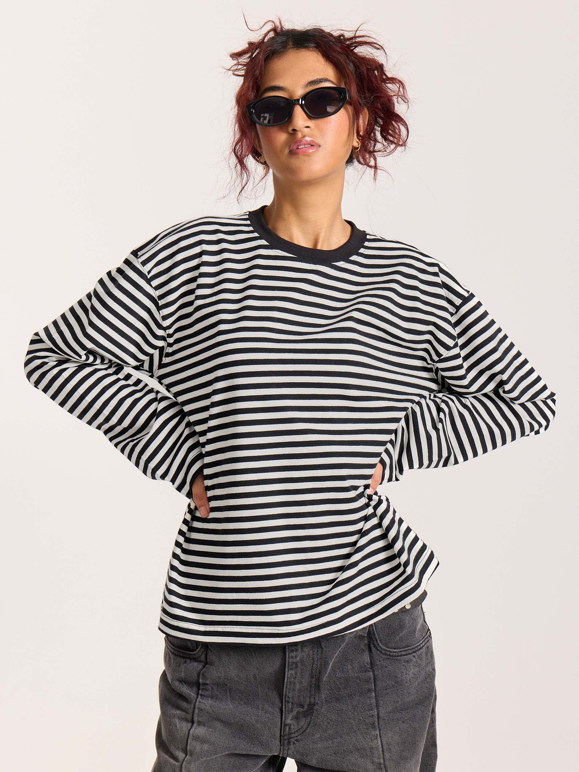 Black Striped Loose Fit Cropped T-Shirt - Image 7