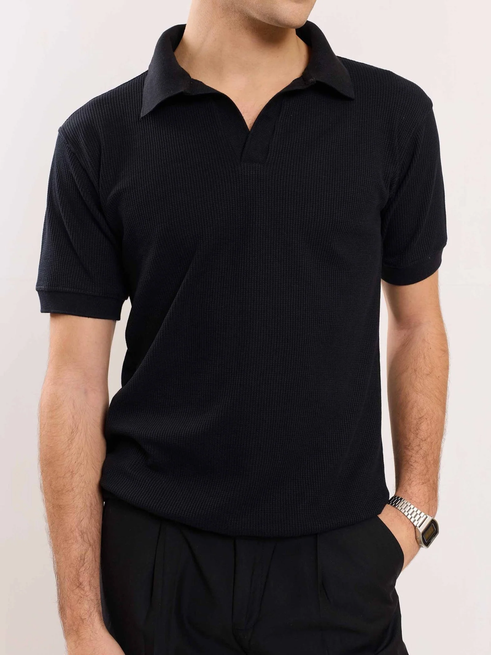 Black Waffle Knit Polo T-shirt - Image 4