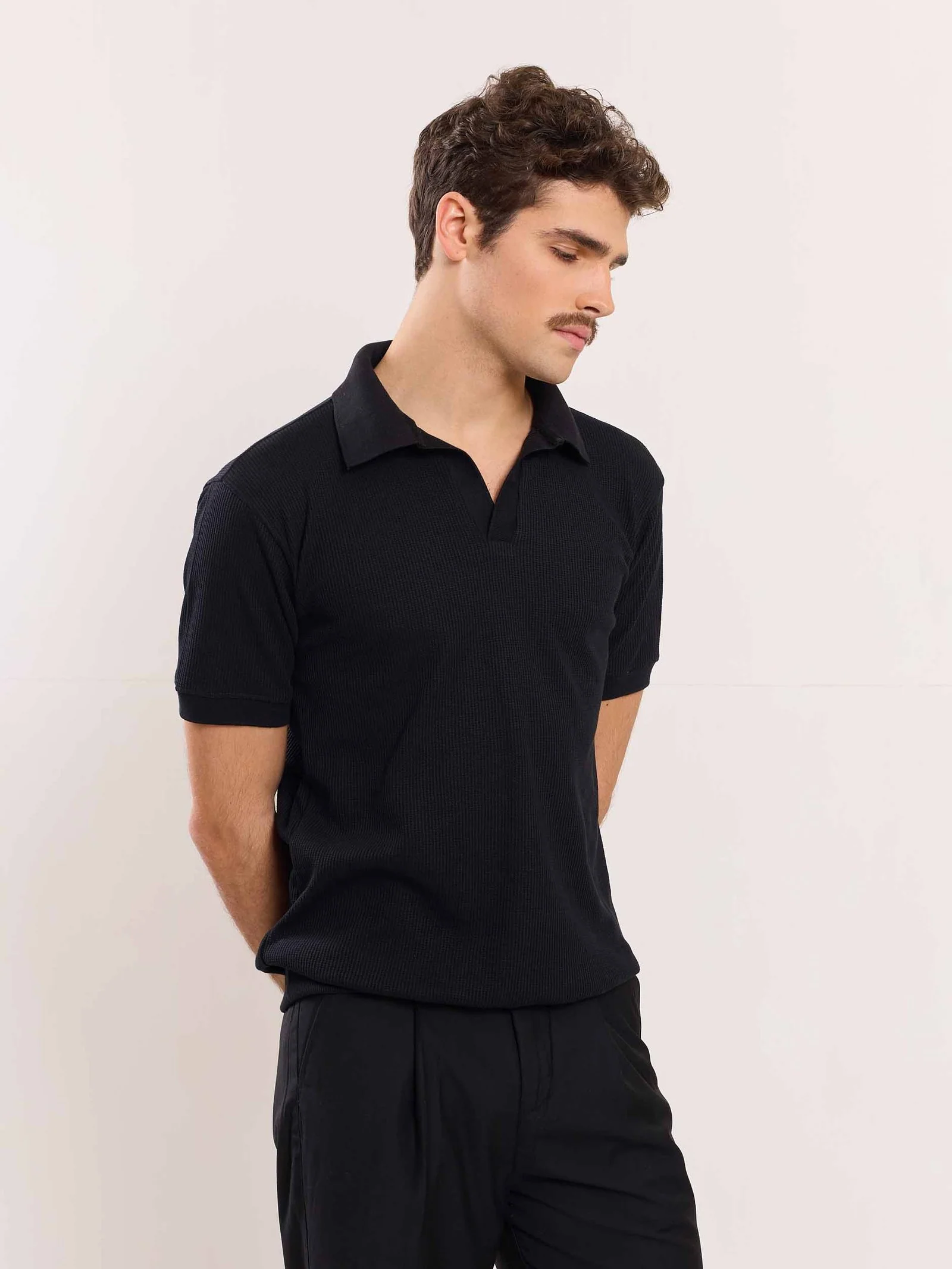 Black Waffle Knit Polo T-shirt - Image 5