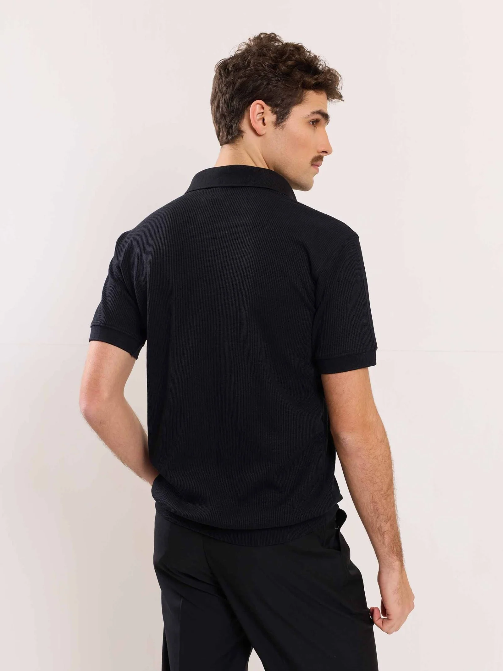 Black Waffle Knit Polo T-shirt - Image 6