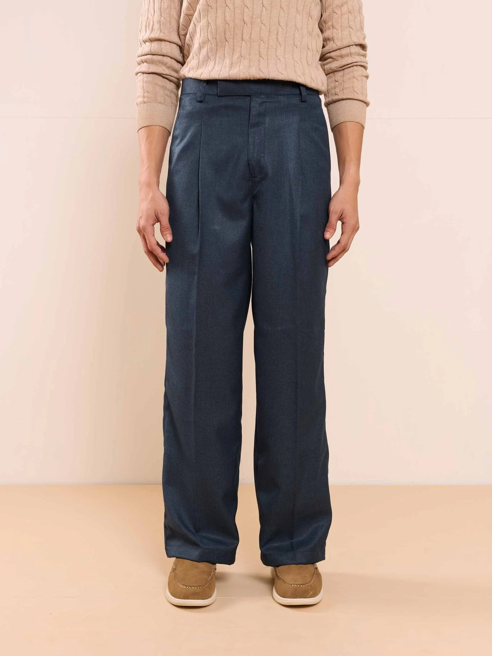 Blue Textured Baggy Fit Trousers - Image 5