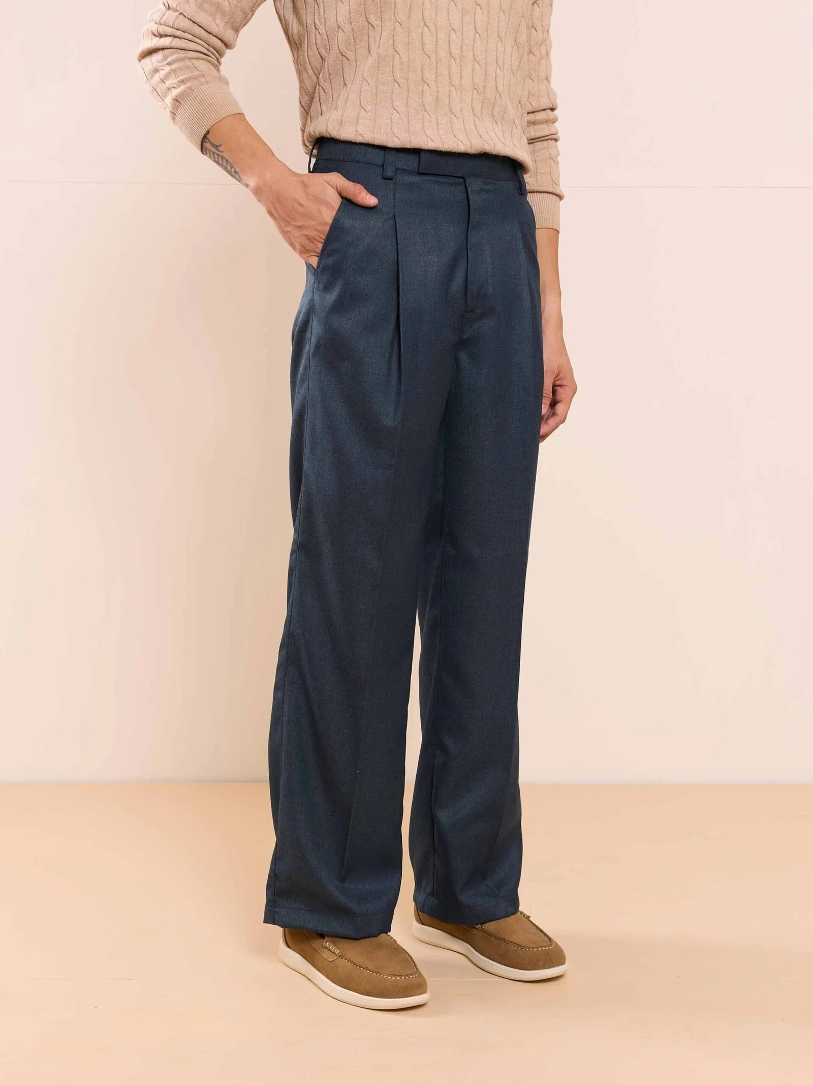 Blue Textured Baggy Fit Trousers - Image 7