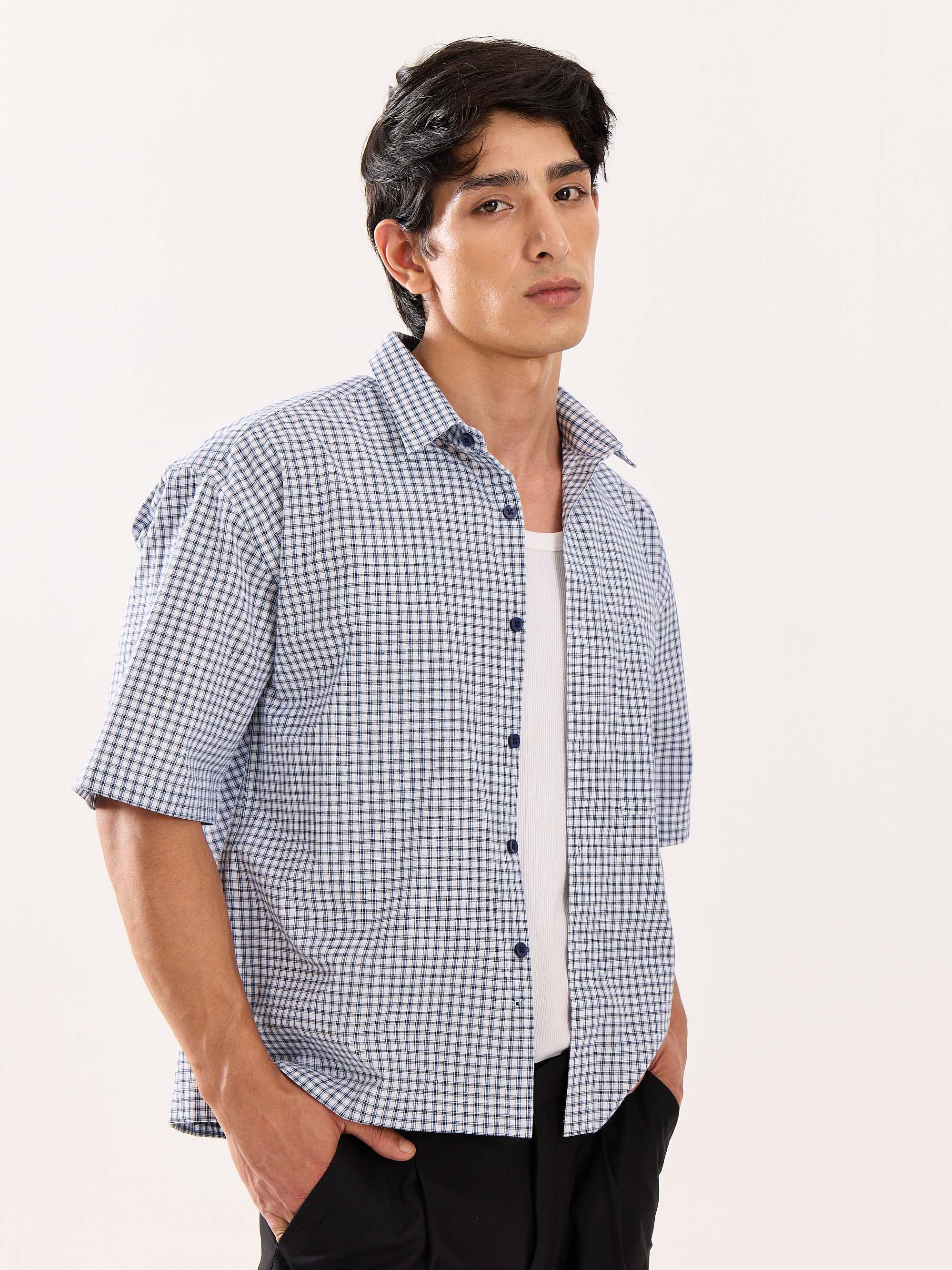 Blue Checkered Cropped Shirt - Image 6