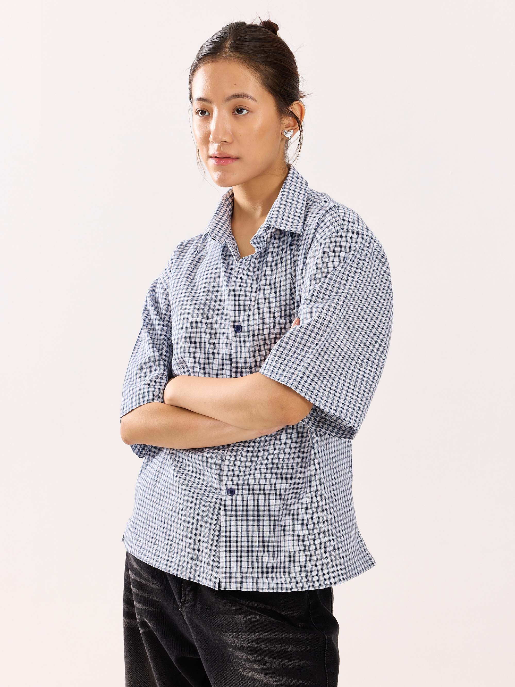 Blue Checkered Cropped Shirt - Image 7