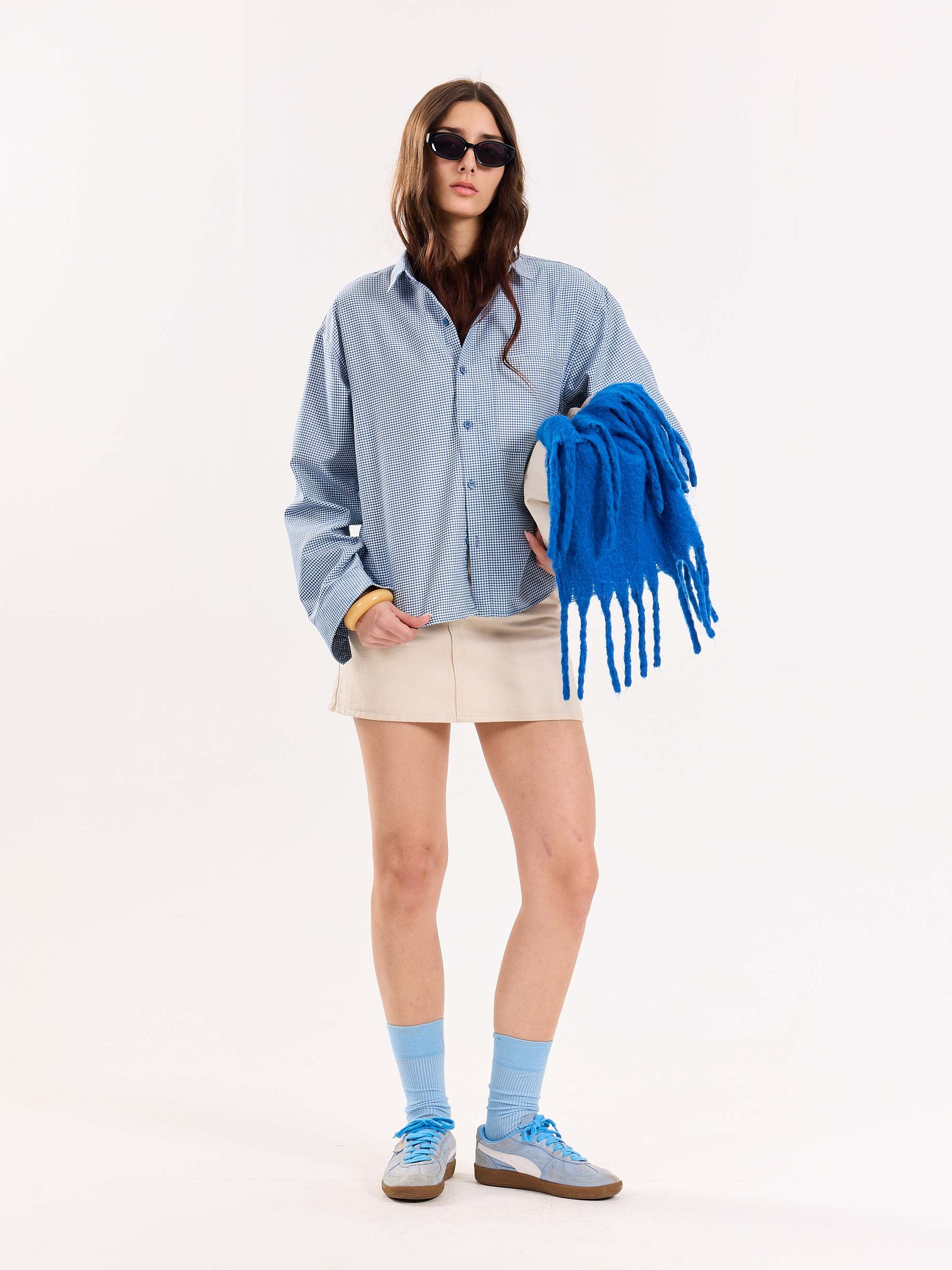 Blue Checkered Oversized Cropped Shirt - Image 3