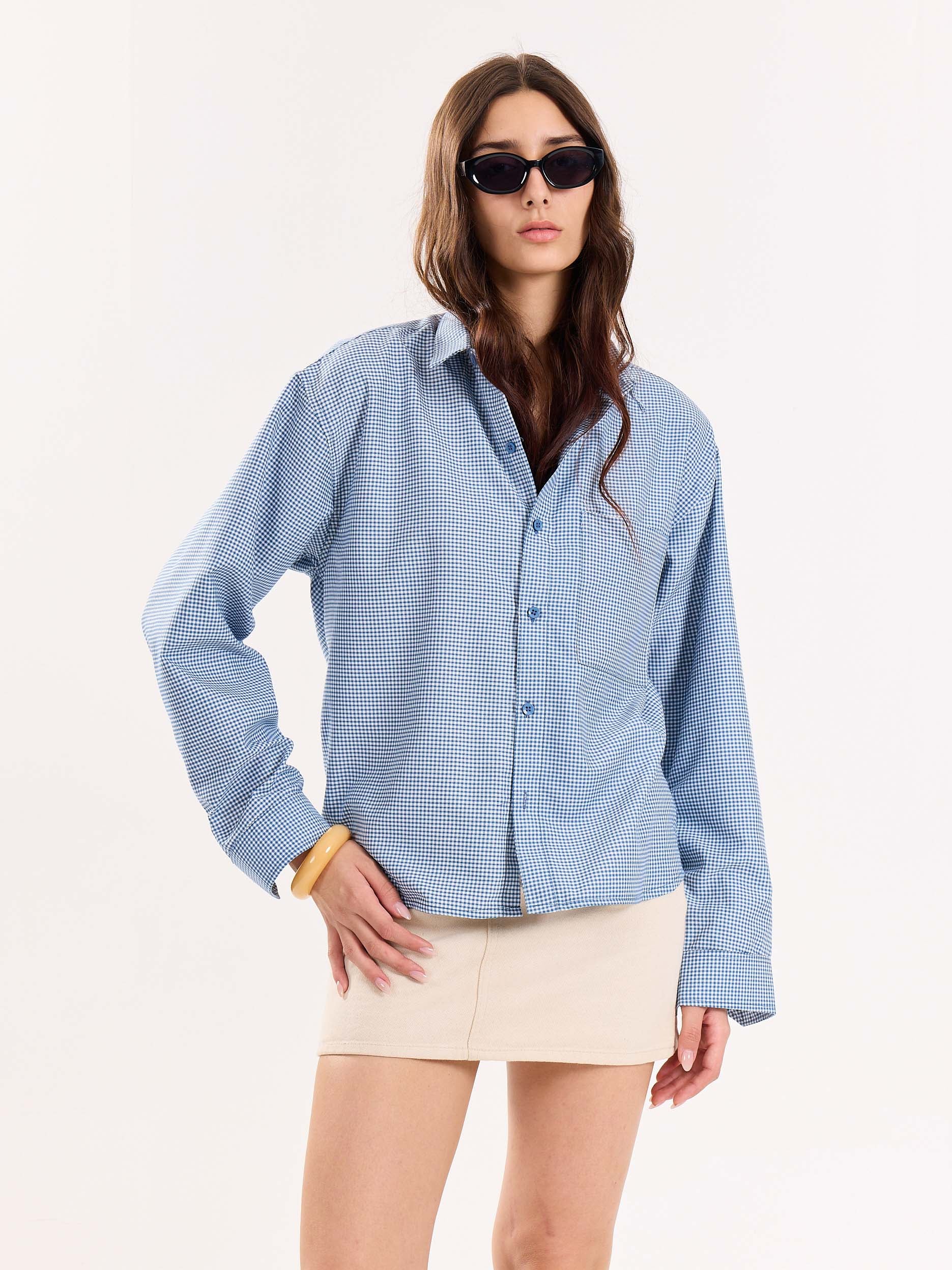 Blue Checkered Oversized Cropped Shirt - Image 4