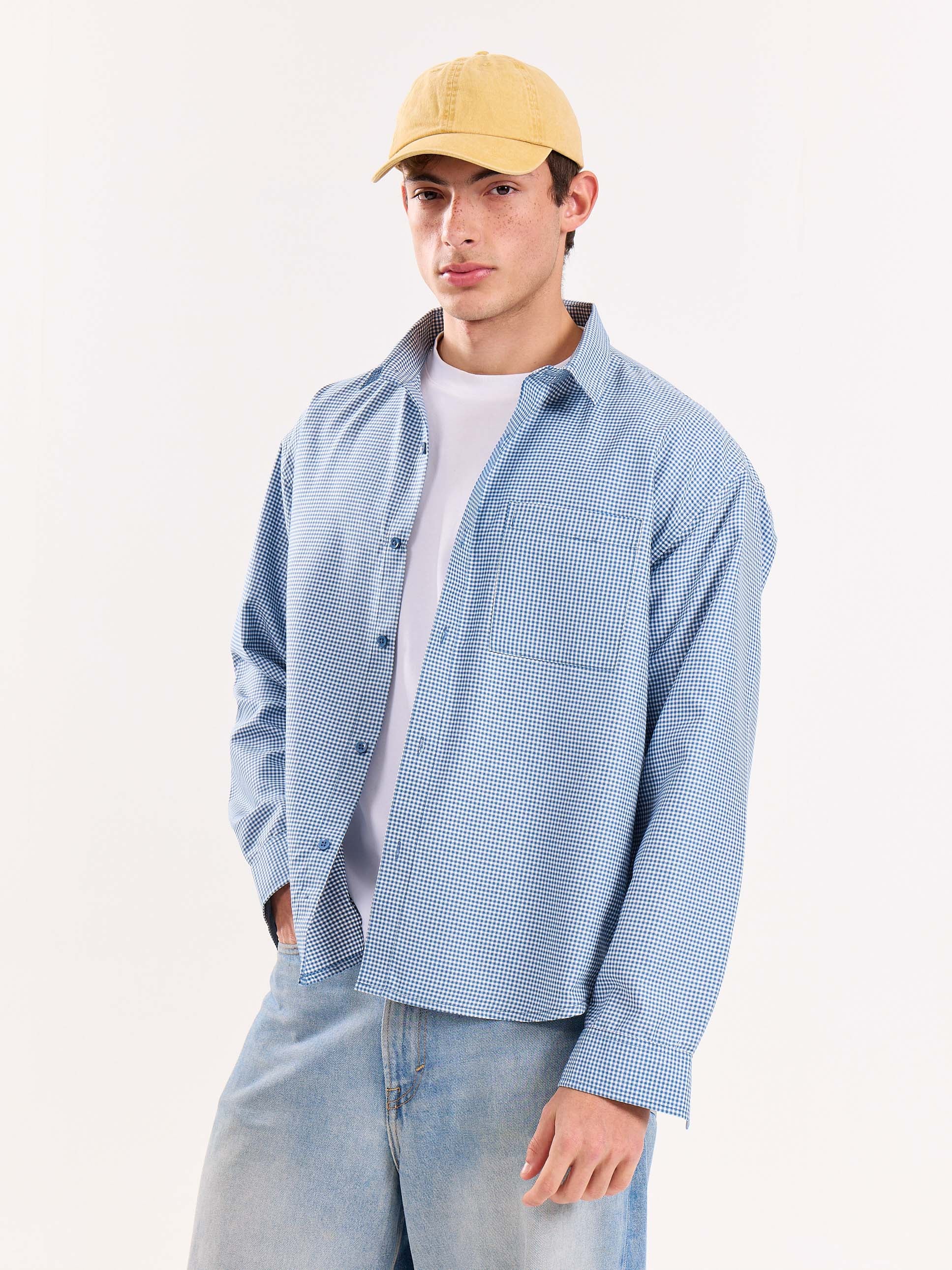 Blue Checkered Oversized Cropped Shirt - Image 6