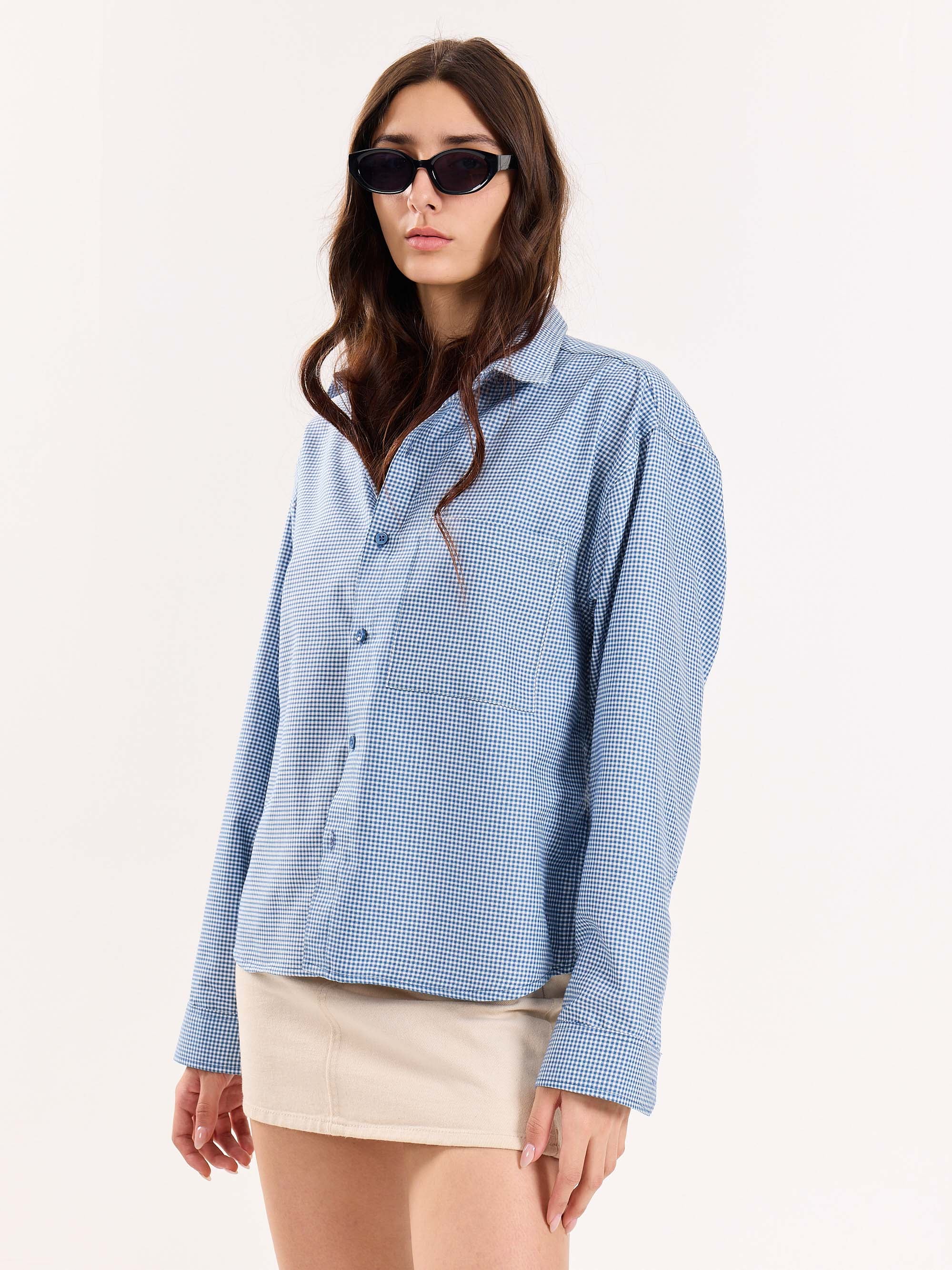 Blue Checkered Oversized Cropped Shirt - Image 7