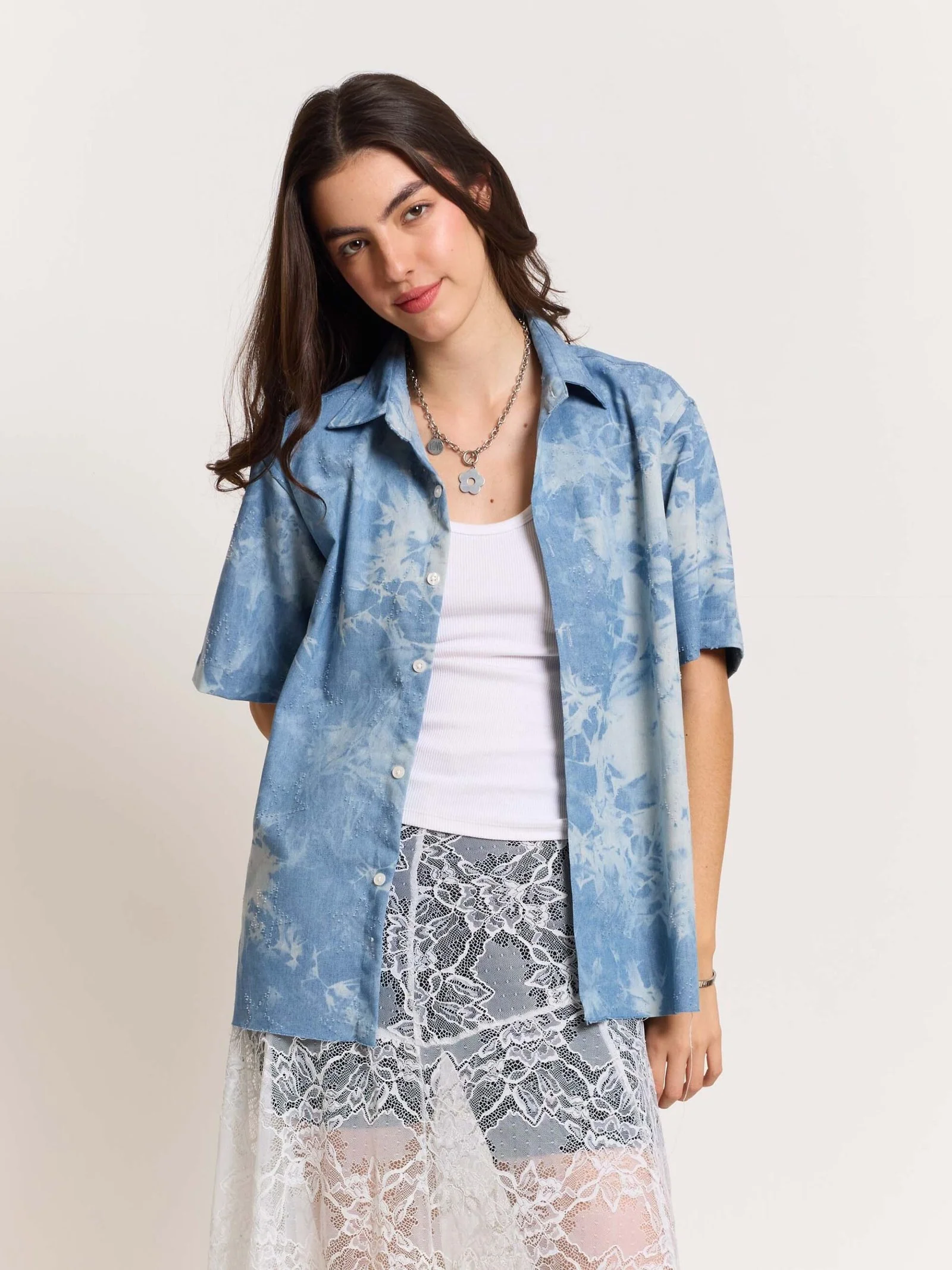 Star Embossed Denim - Cropped Shirt - Image 4