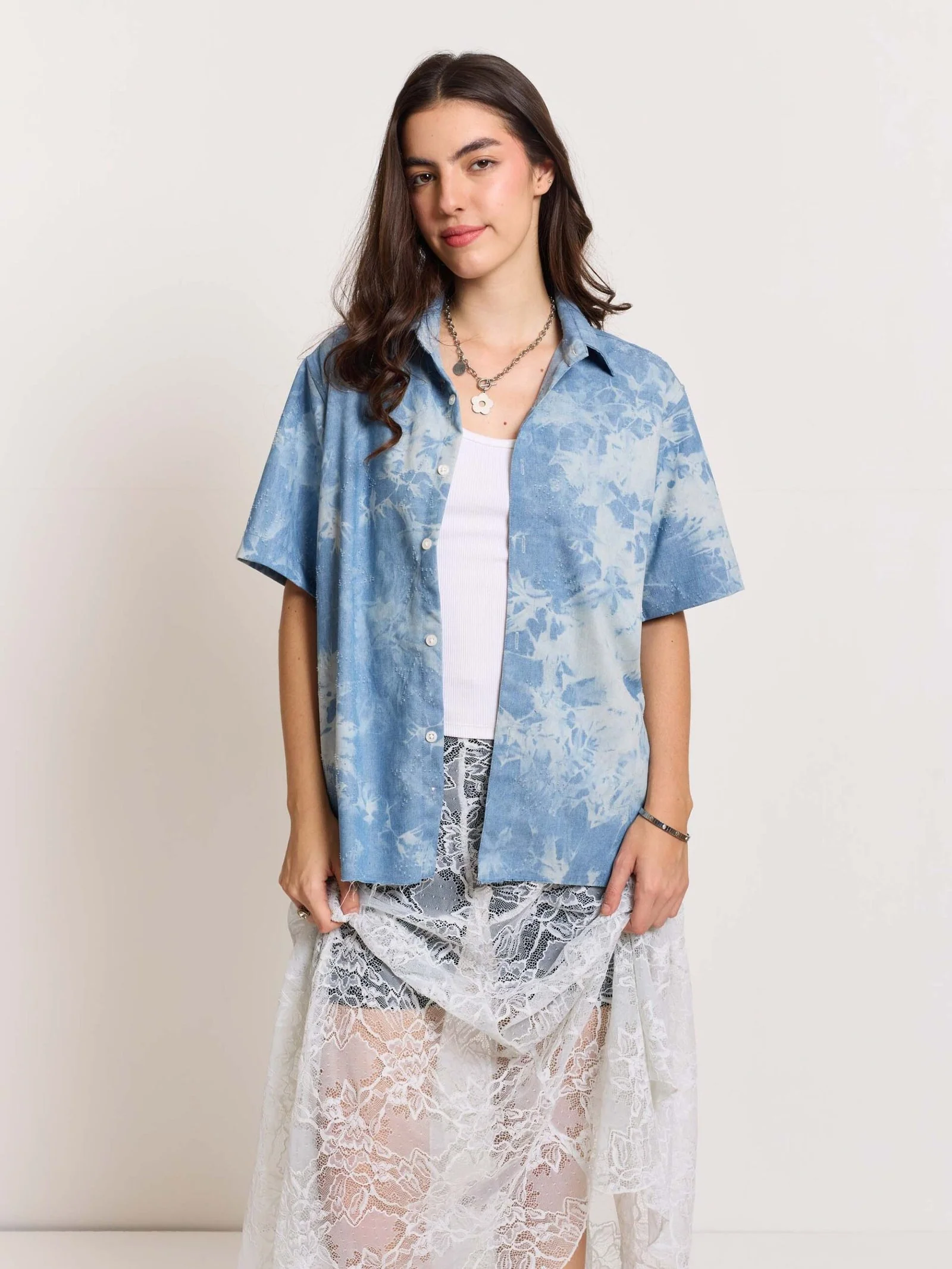 Star Embossed Denim - Cropped Shirt - Image 8