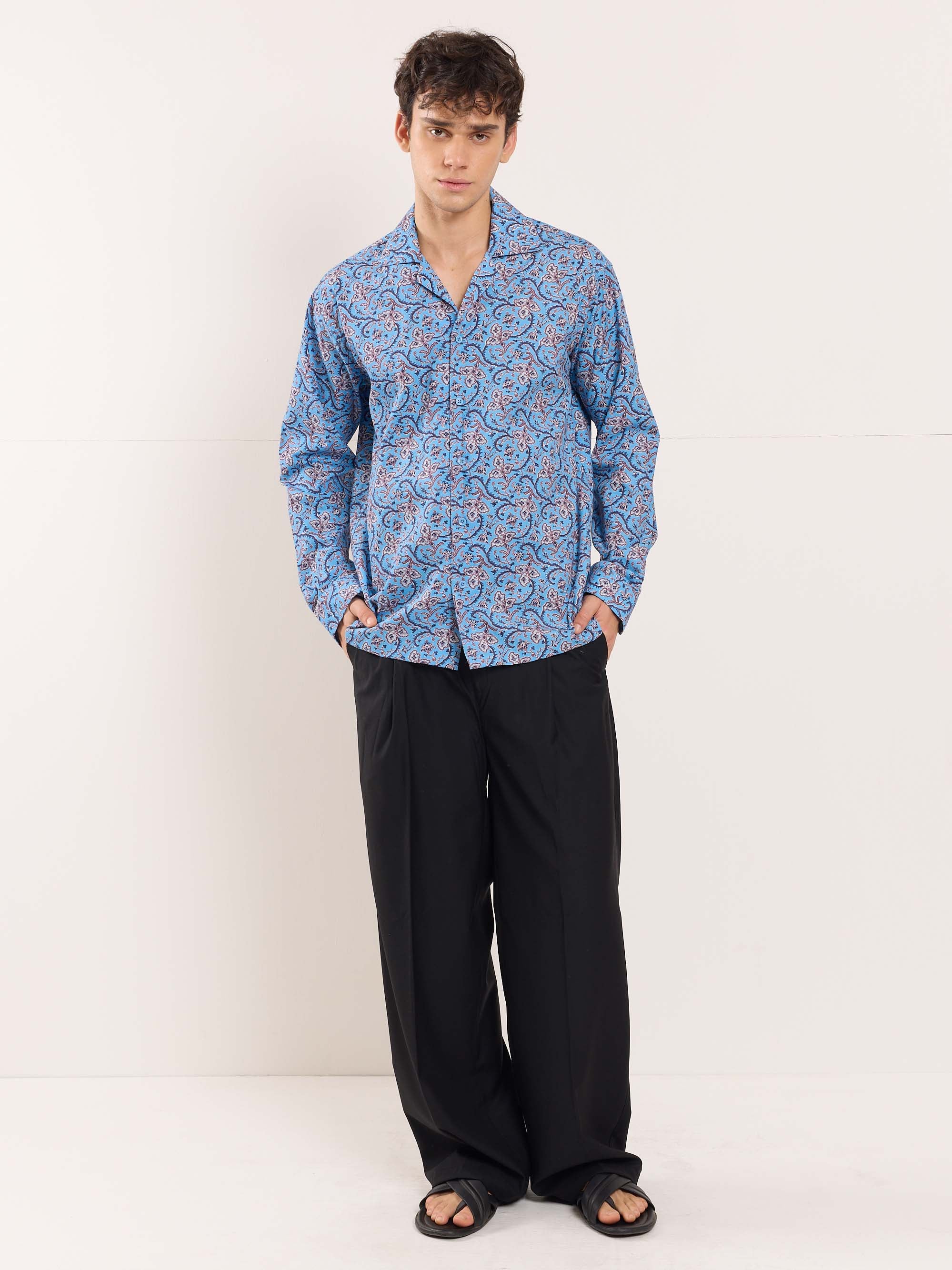 Blue Floral Vine Printed Resort Shirt - Image 2