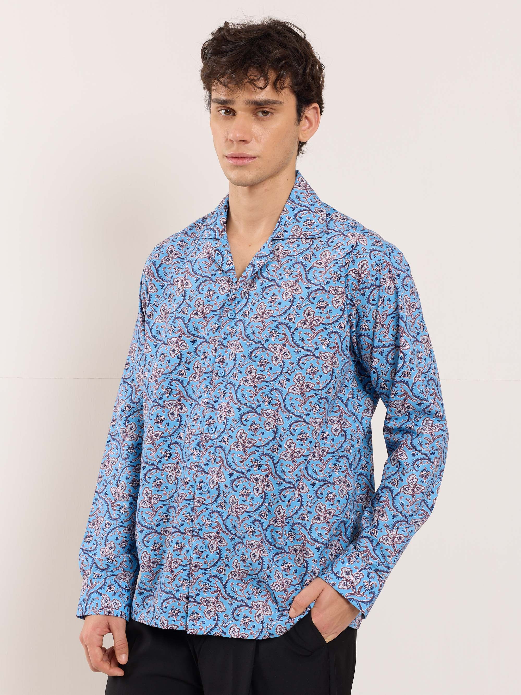 Blue Floral Vine Printed Resort Shirt - Image 4