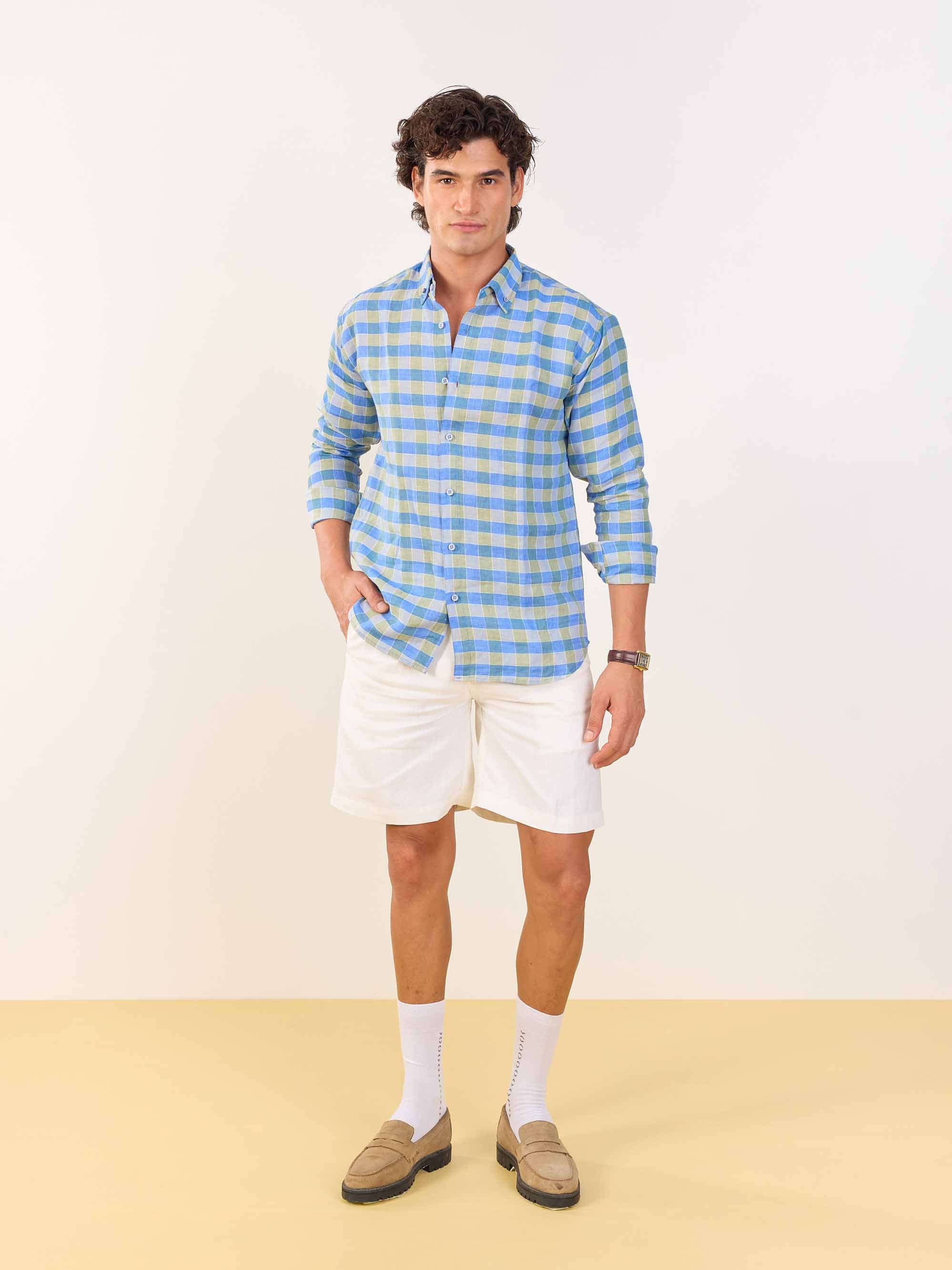 Blue & Green Checked Irish Linen Shirt - Image 2