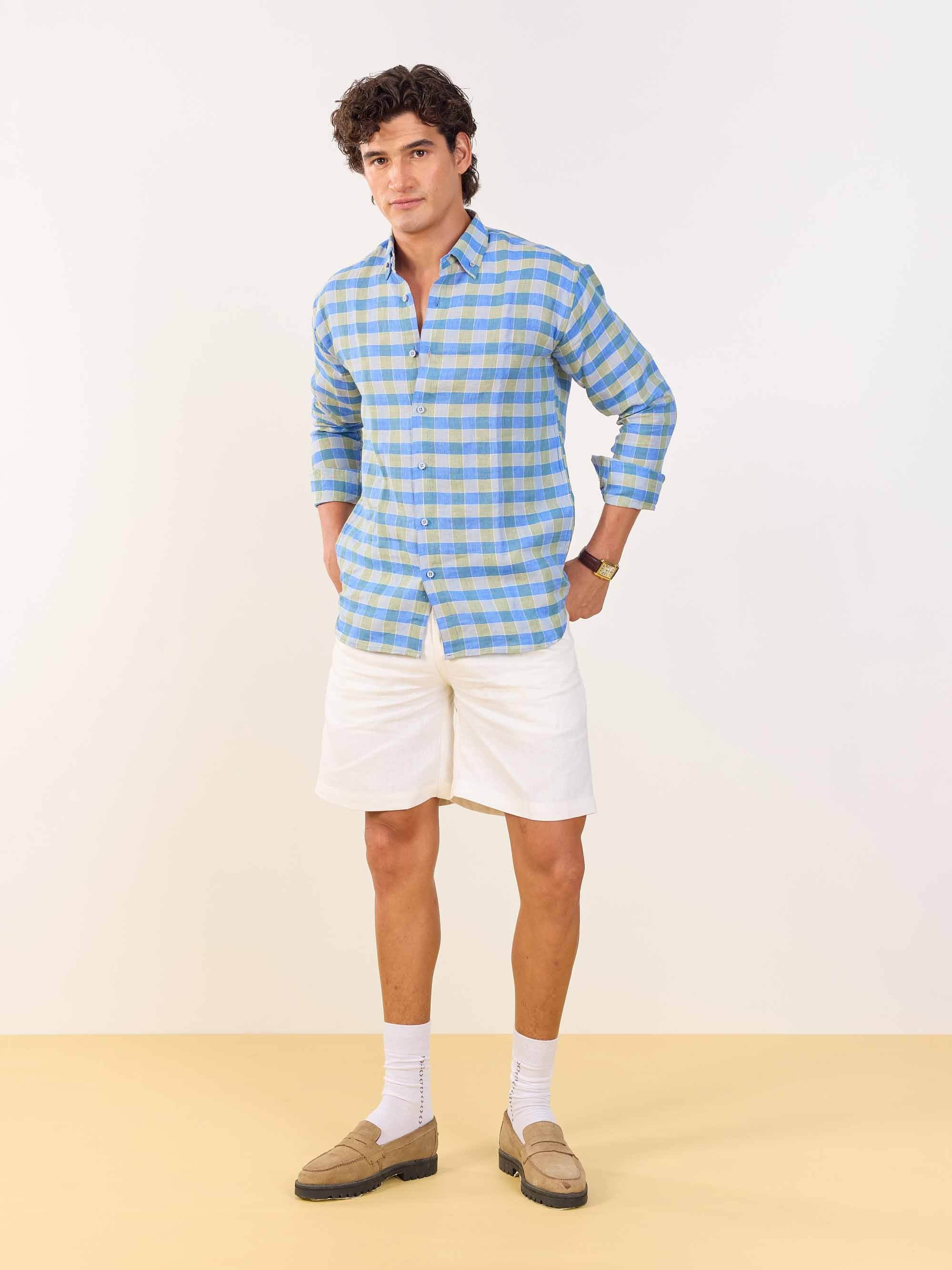 Blue & Green Checked Irish Linen Shirt - Image 3