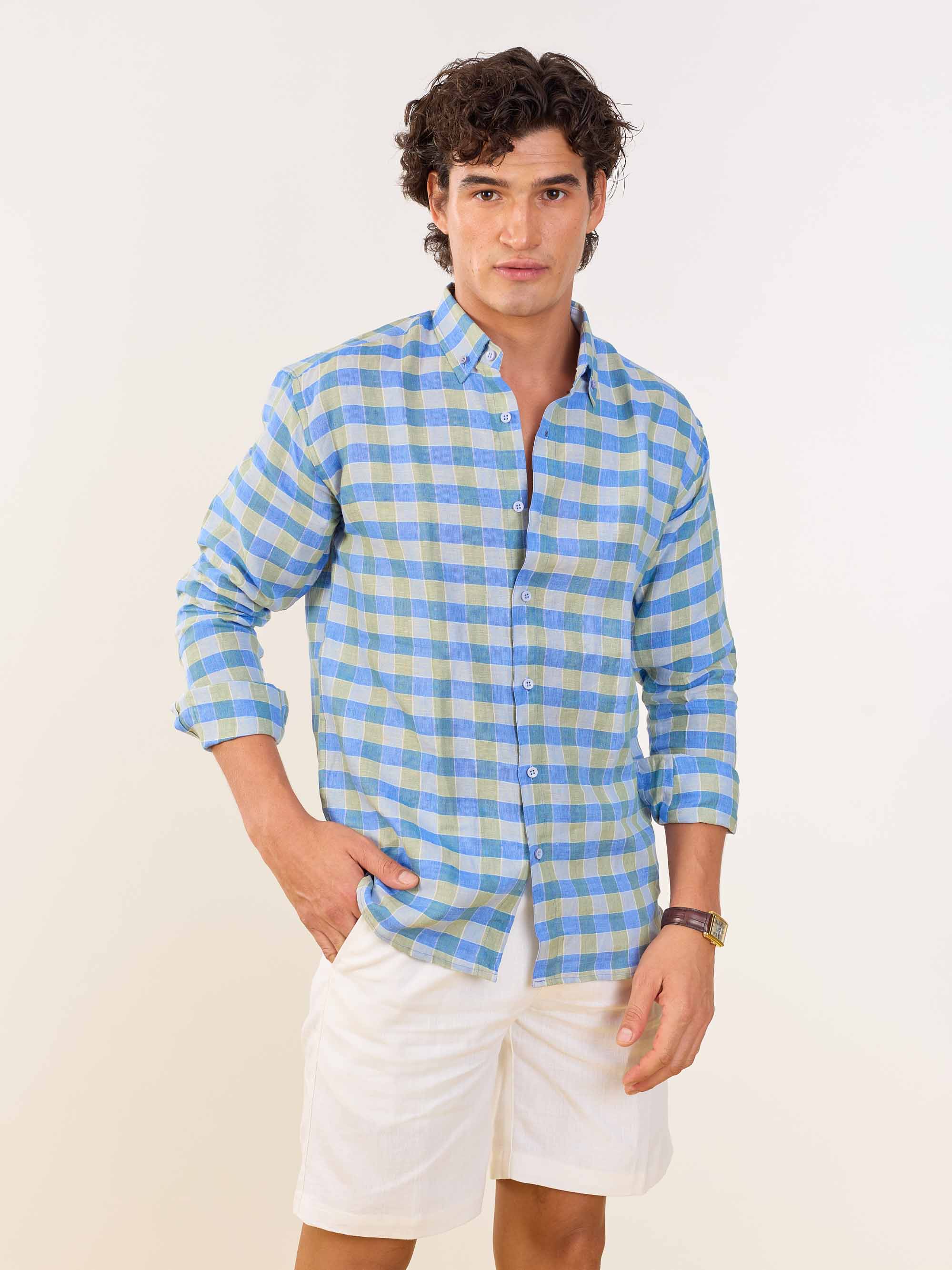 Blue & Green Checked Irish Linen Shirt - Image 4
