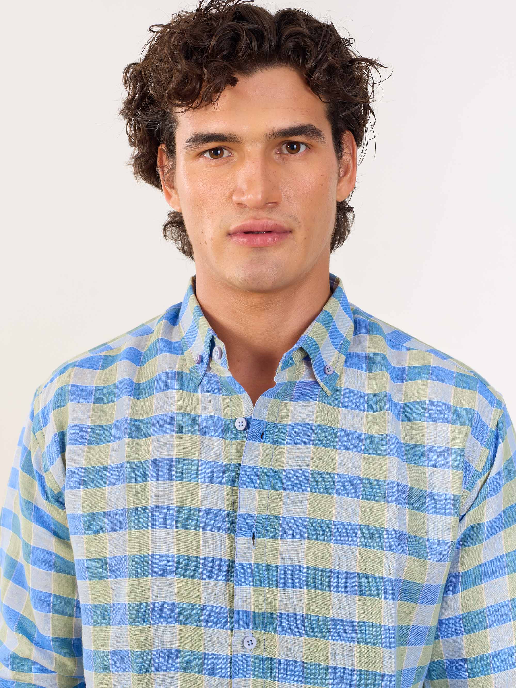 Blue & Green Checked Irish Linen Shirt - Image 5