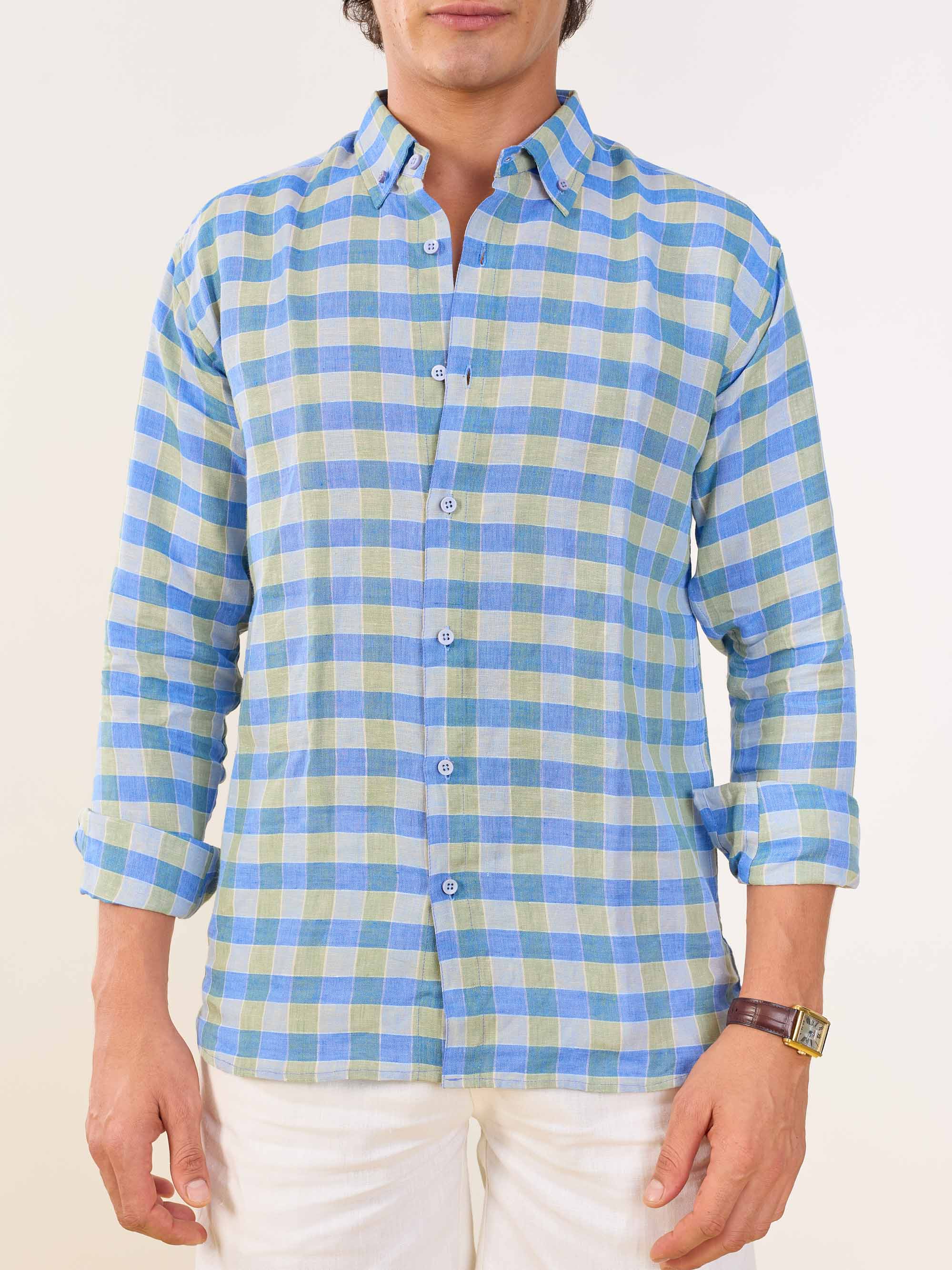 Blue & Green Checked Irish Linen Shirt - Image 6
