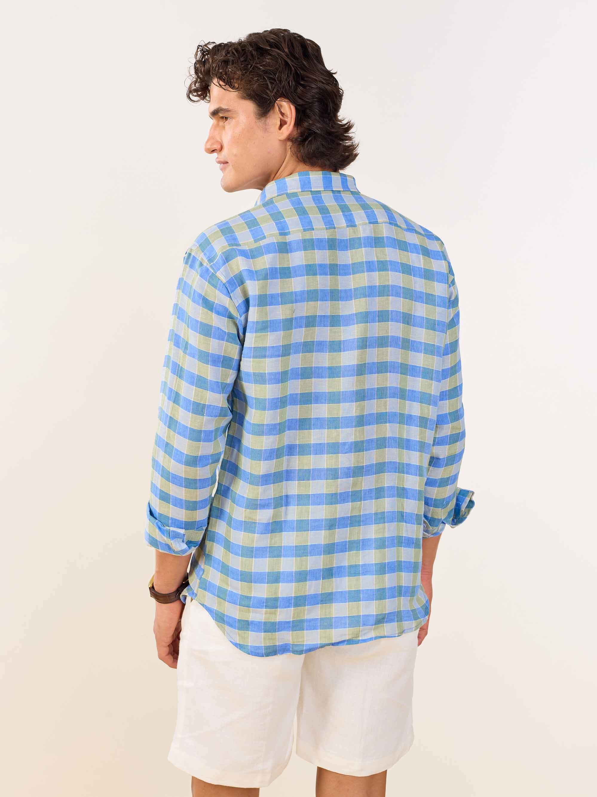 Blue & Green Checked Irish Linen Shirt - Image 7