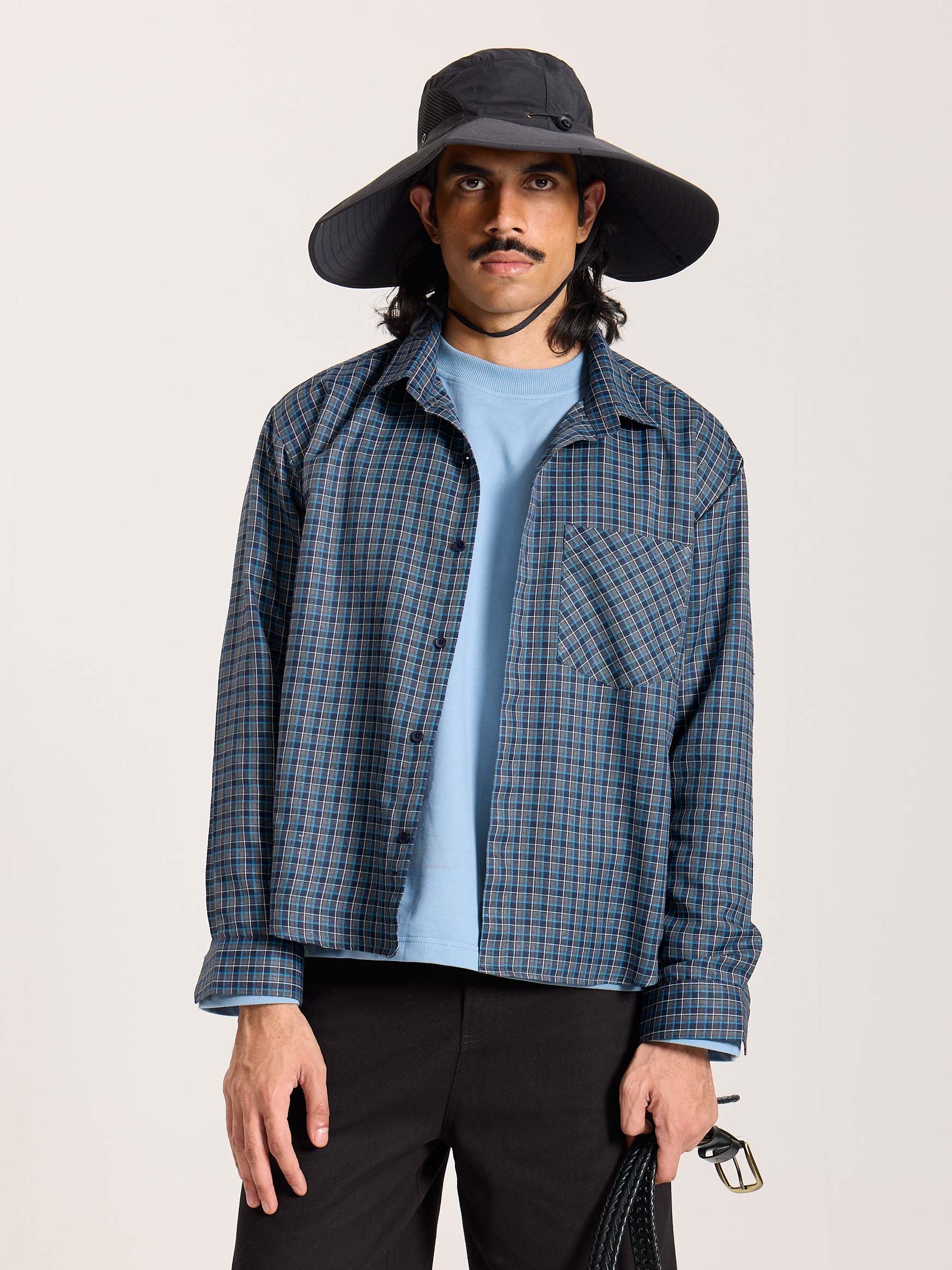 Blue & Grey Checkered Oversized Cropped Shirt - Image 3