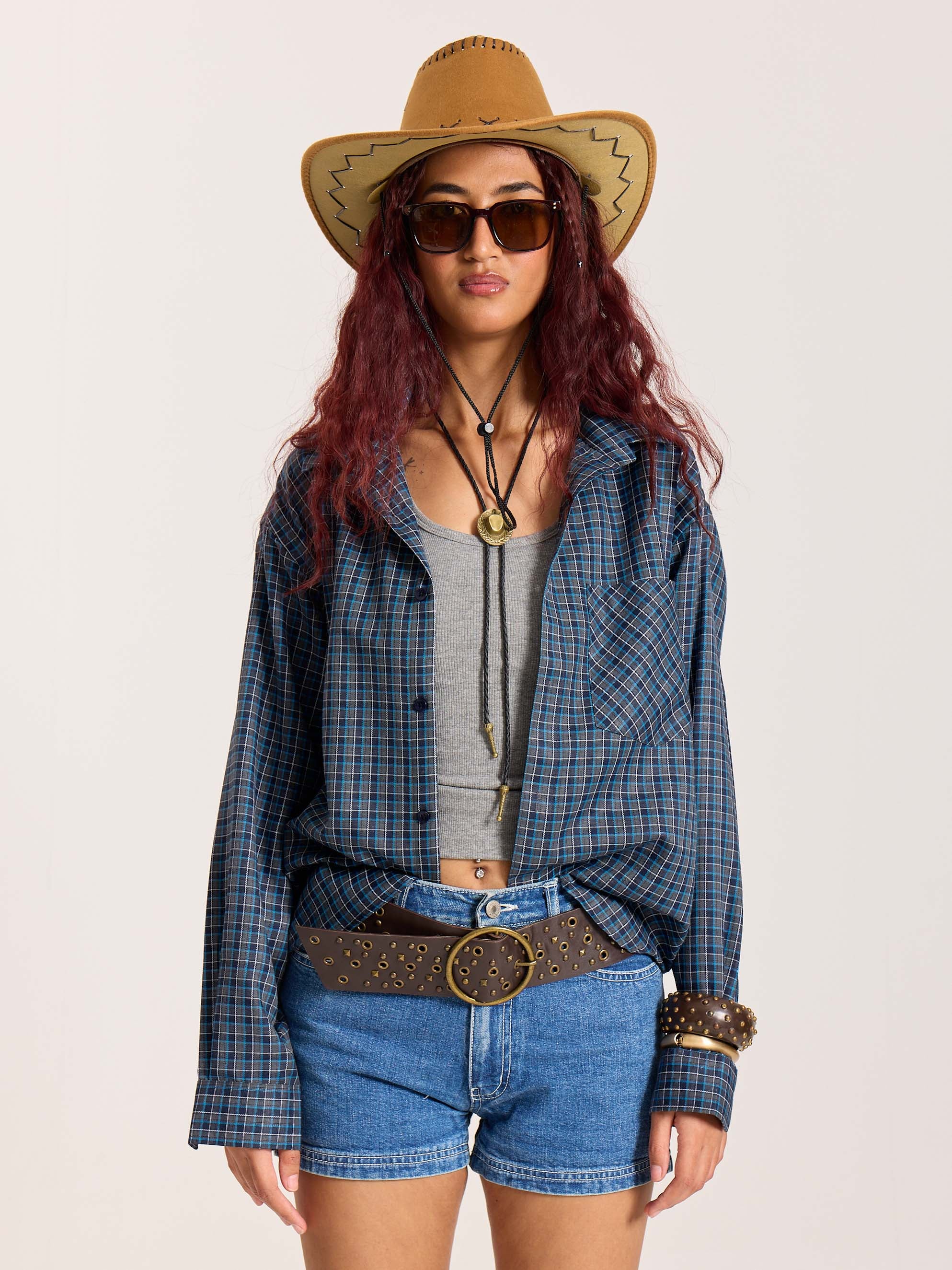 Blue & Grey Checkered Oversized Cropped Shirt - Image 4