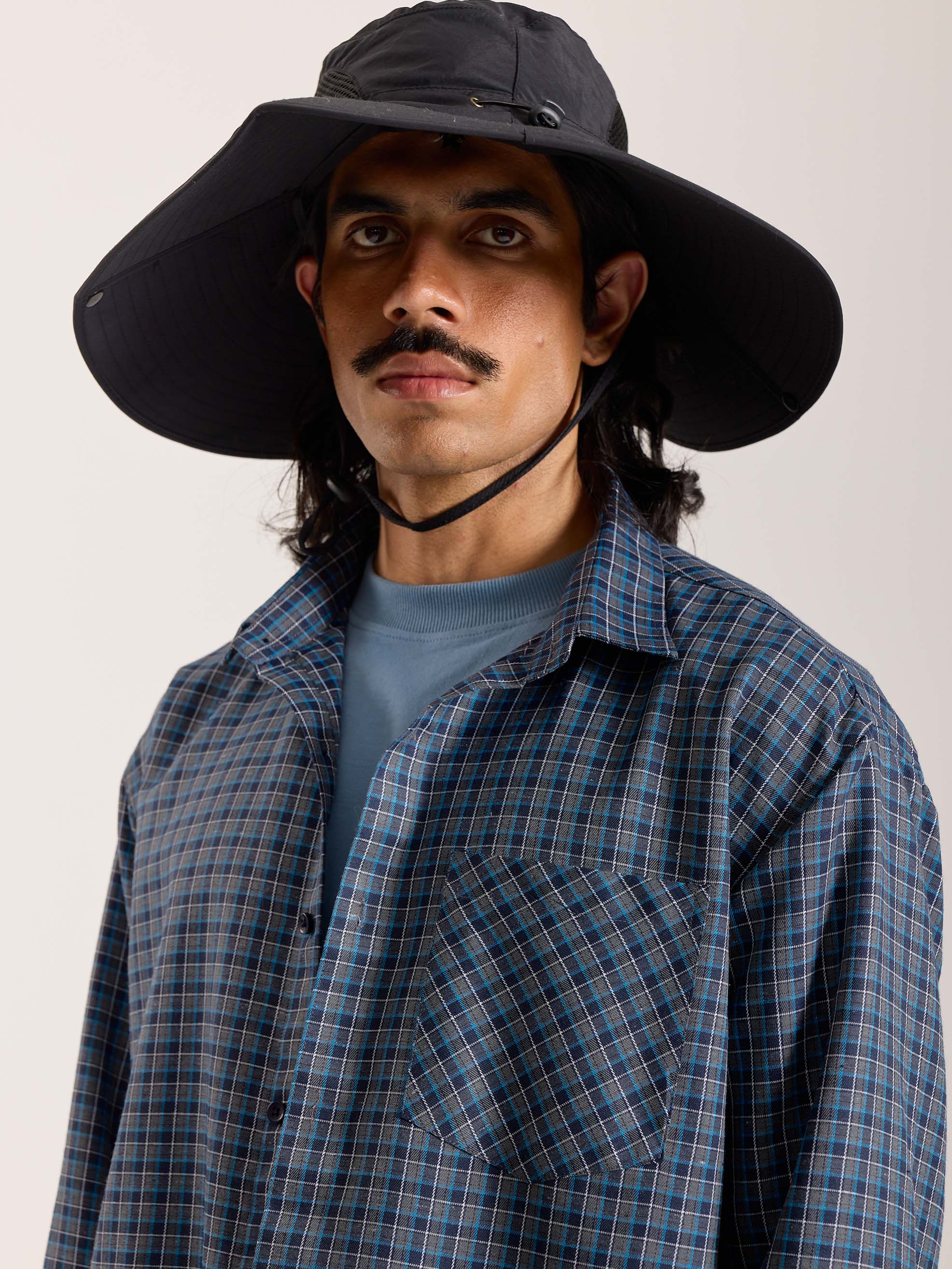 Blue & Grey Checkered Oversized Cropped Shirt - Image 5