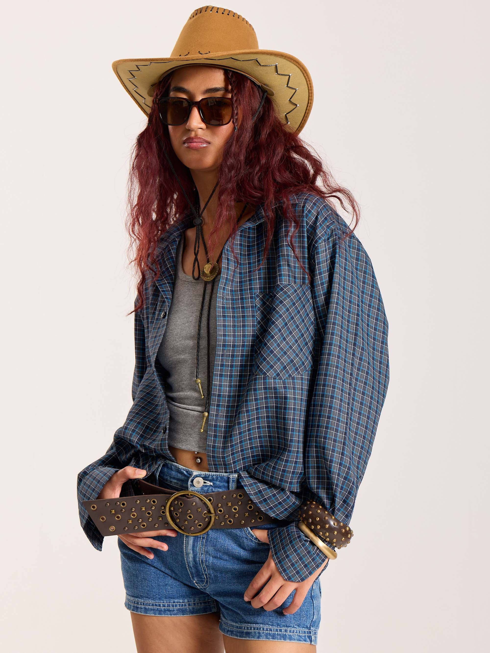 Blue & Grey Checkered Oversized Cropped Shirt - Image 6