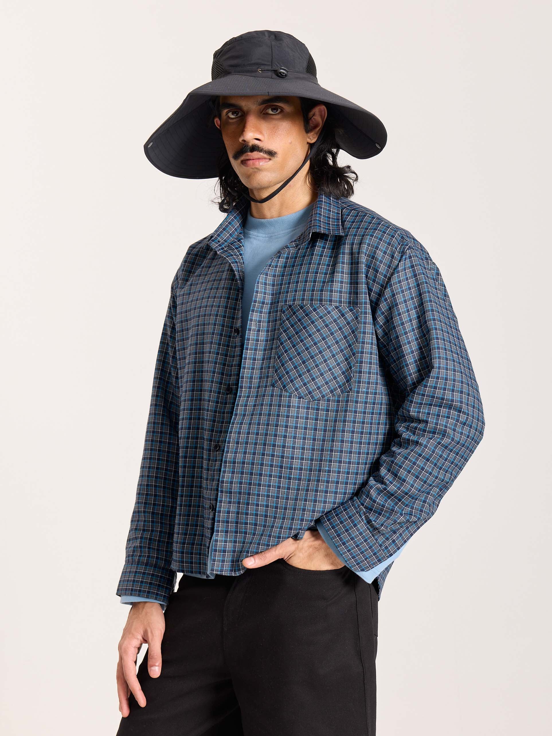 Blue & Grey Checkered Oversized Cropped Shirt - Image 7
