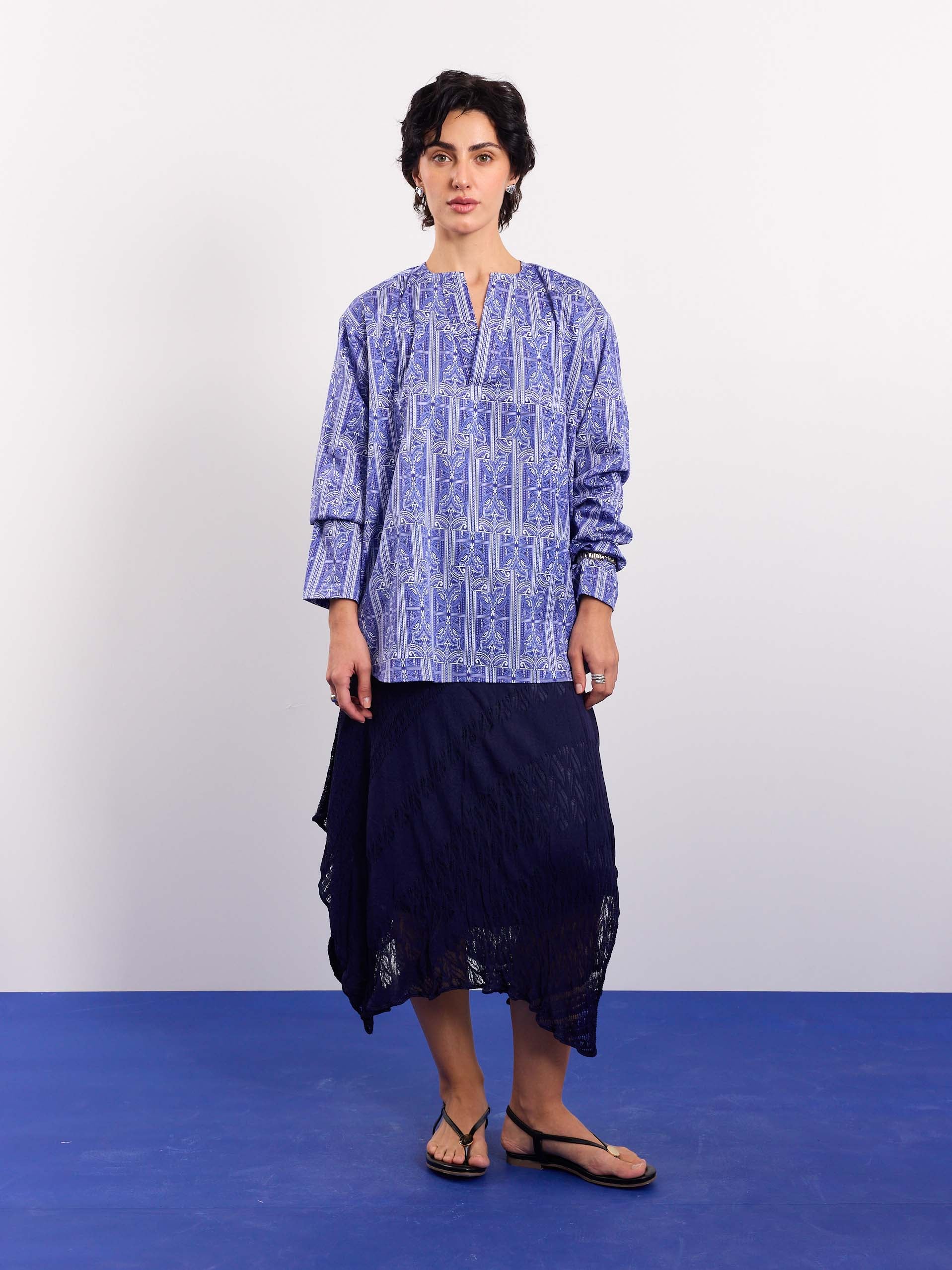 Blue Patterned Satin Pullover - Image 2