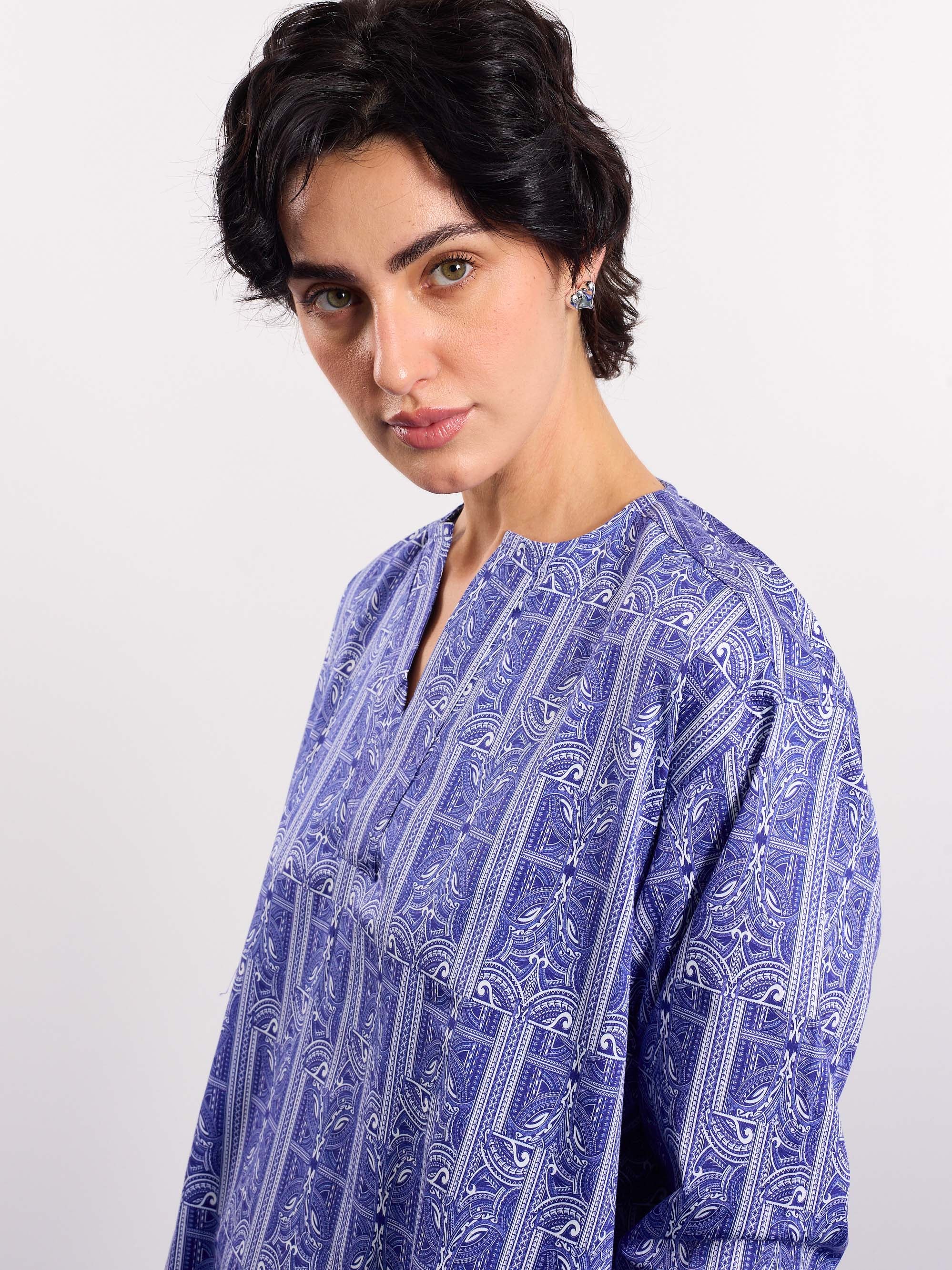 Blue Patterned Satin Pullover - Image 5