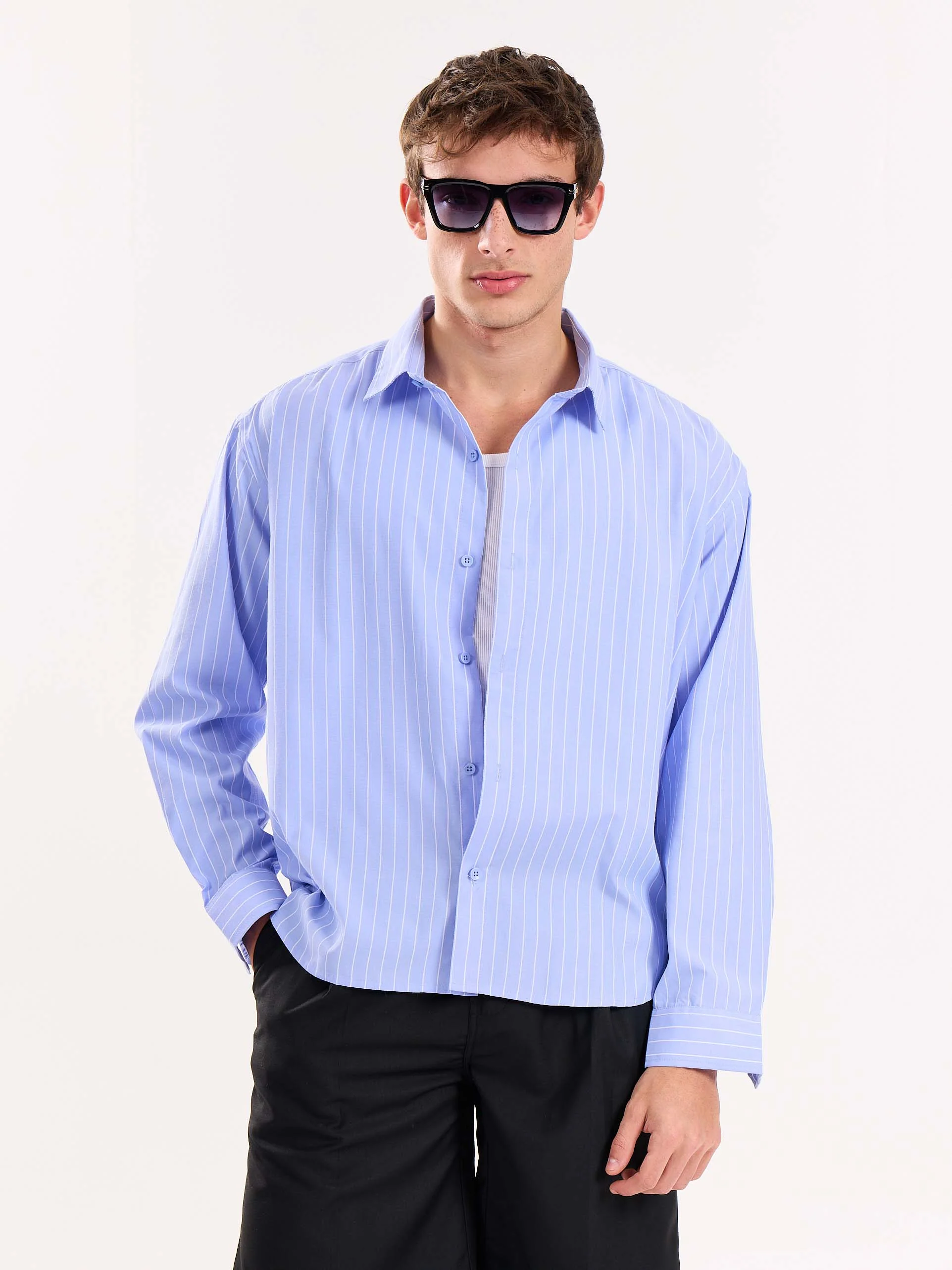 Blue Pinstripe Poplin Cropped Shirt - Image 2