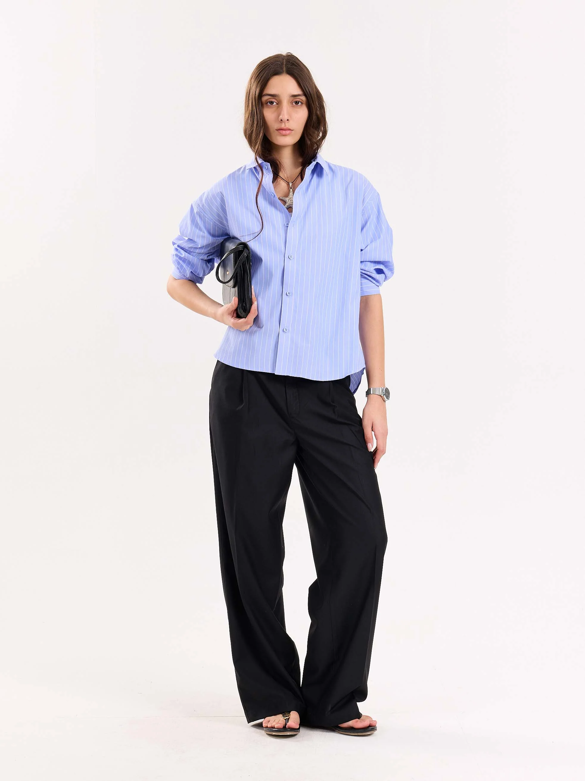 Blue Pinstripe Poplin Cropped Shirt - Image 3