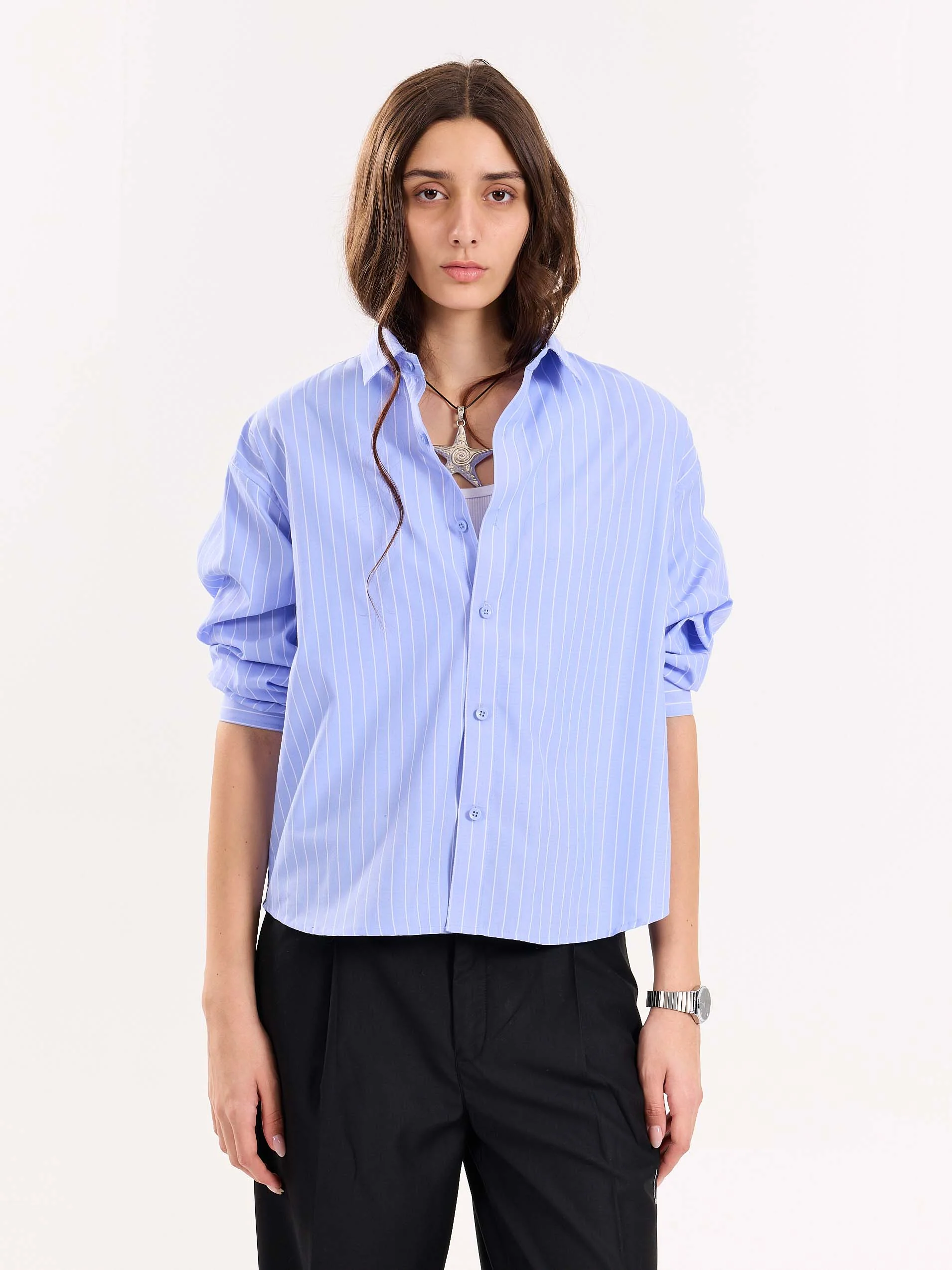 Blue Pinstripe Poplin Cropped Shirt - Image 4