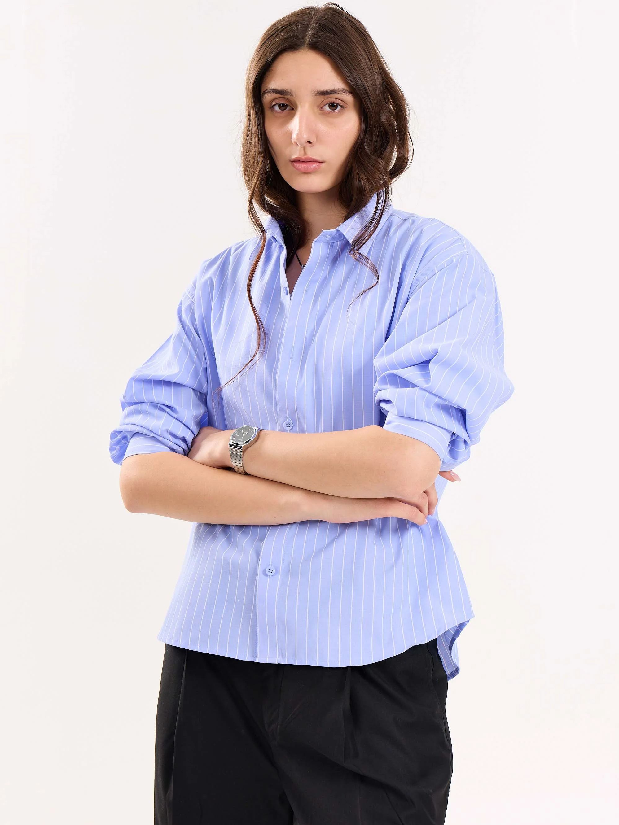 Blue Pinstripe Poplin Cropped Shirt - Image 6
