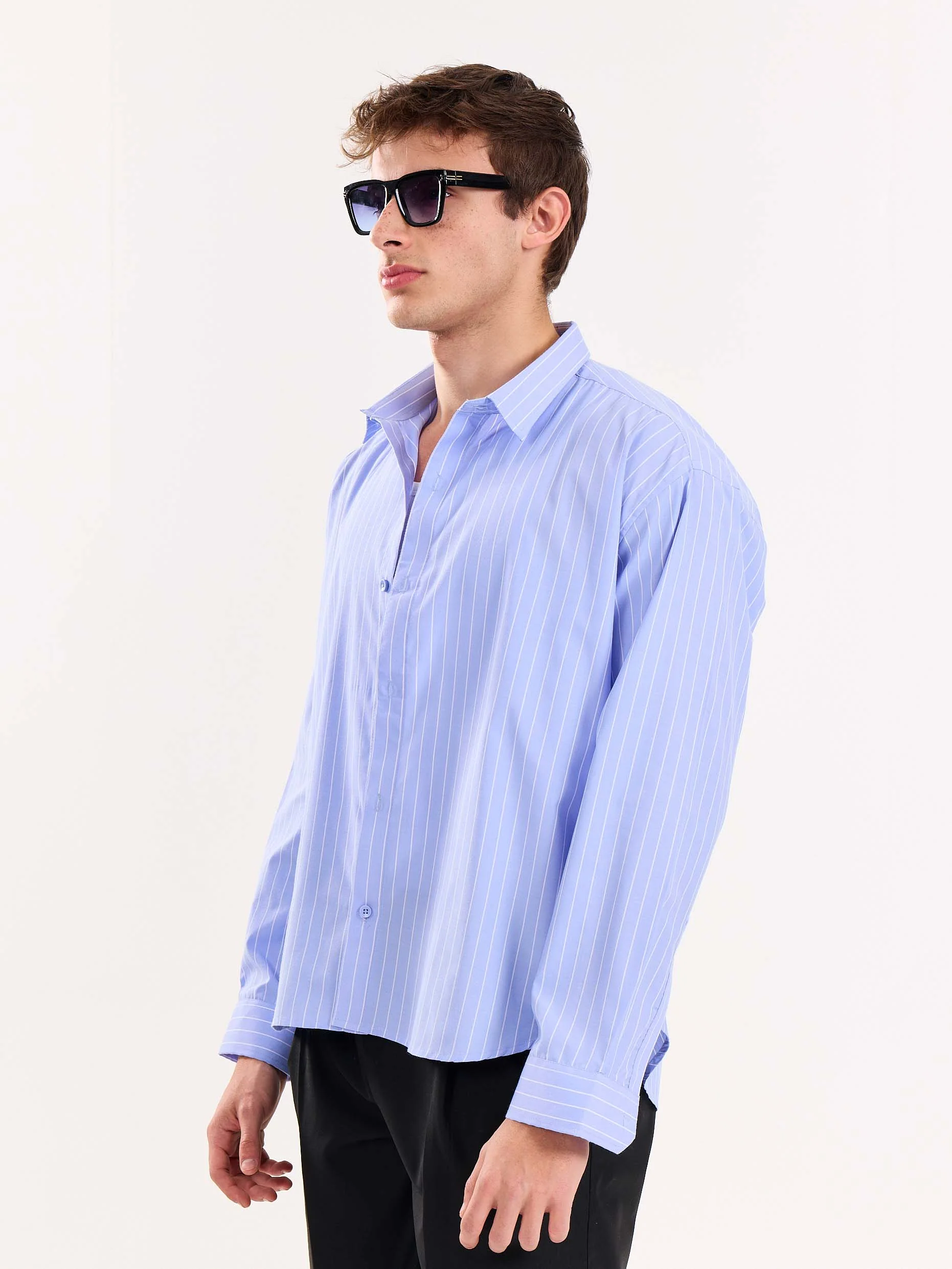 Blue Pinstripe Poplin Cropped Shirt - Image 7
