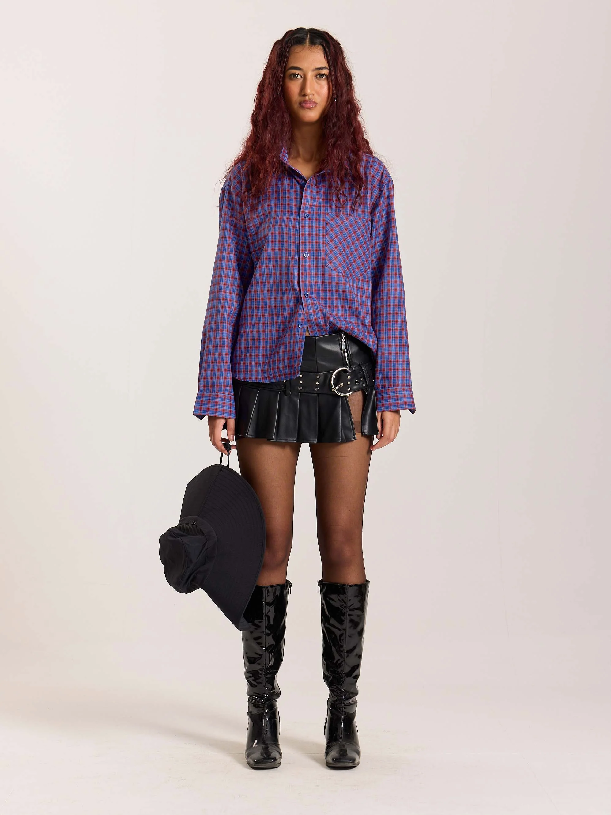 Blue & Red Checkered Oversized Cropped Shirt - Image 2