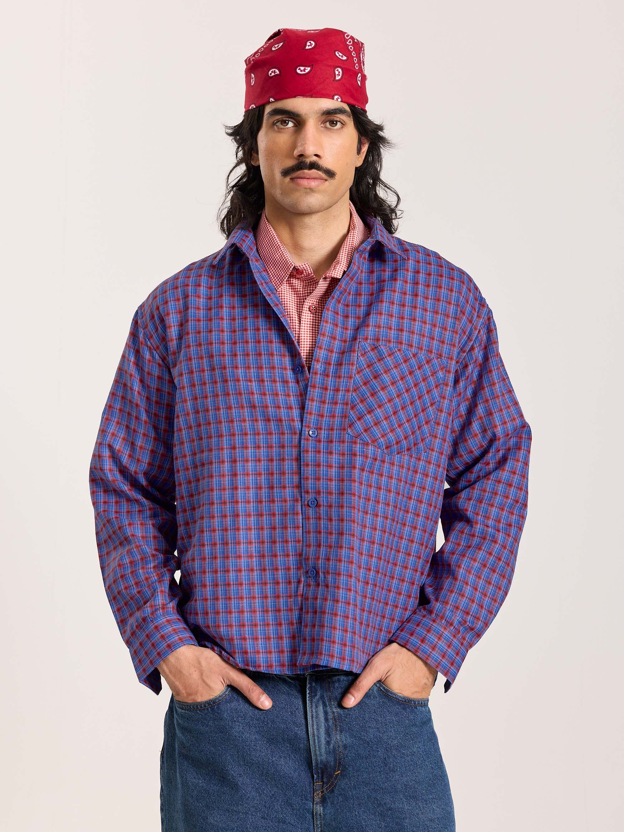 Blue & Red Checkered Oversized Cropped Shirt - Image 3