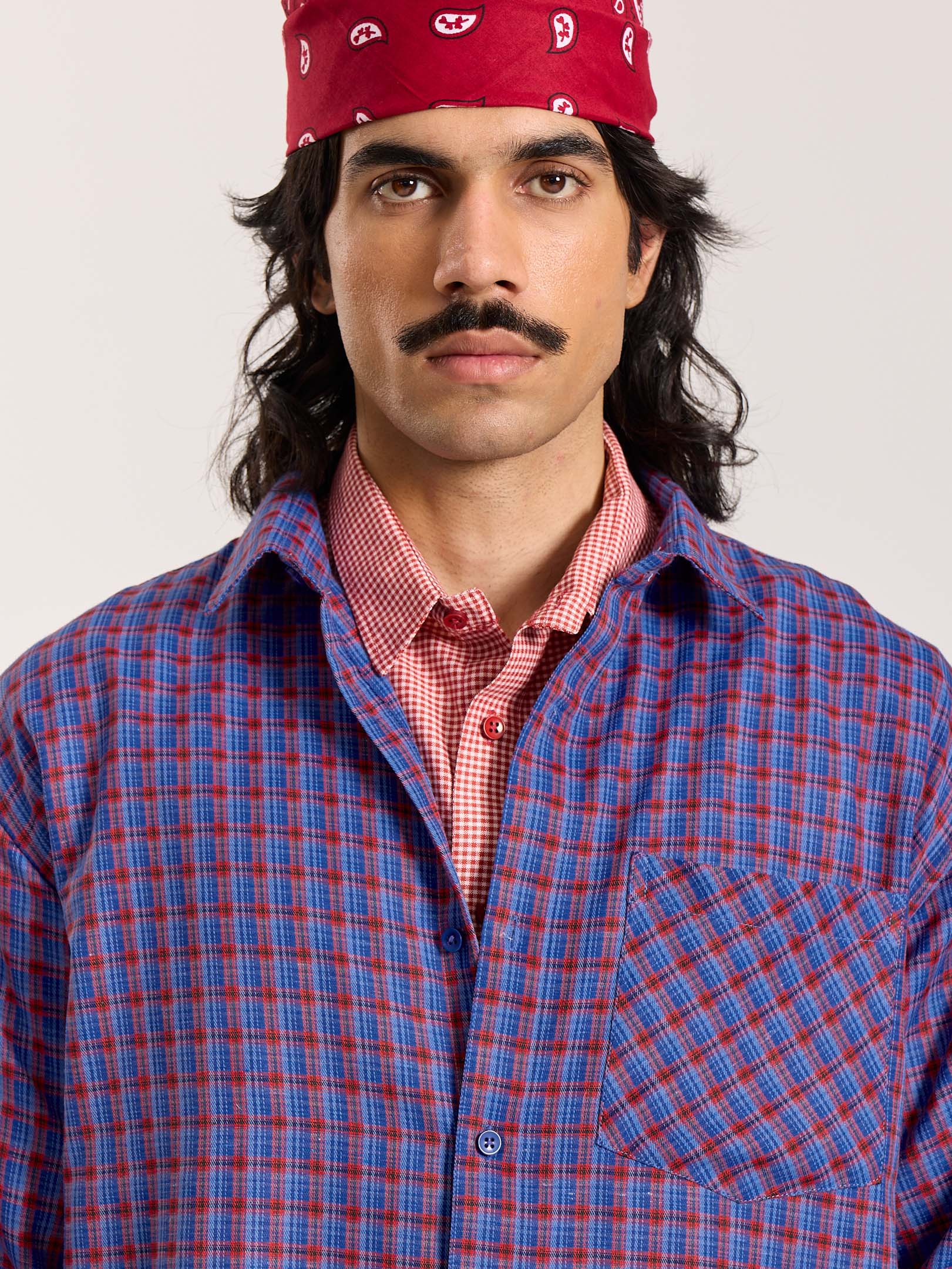 Blue & Red Checkered Oversized Cropped Shirt - Image 5