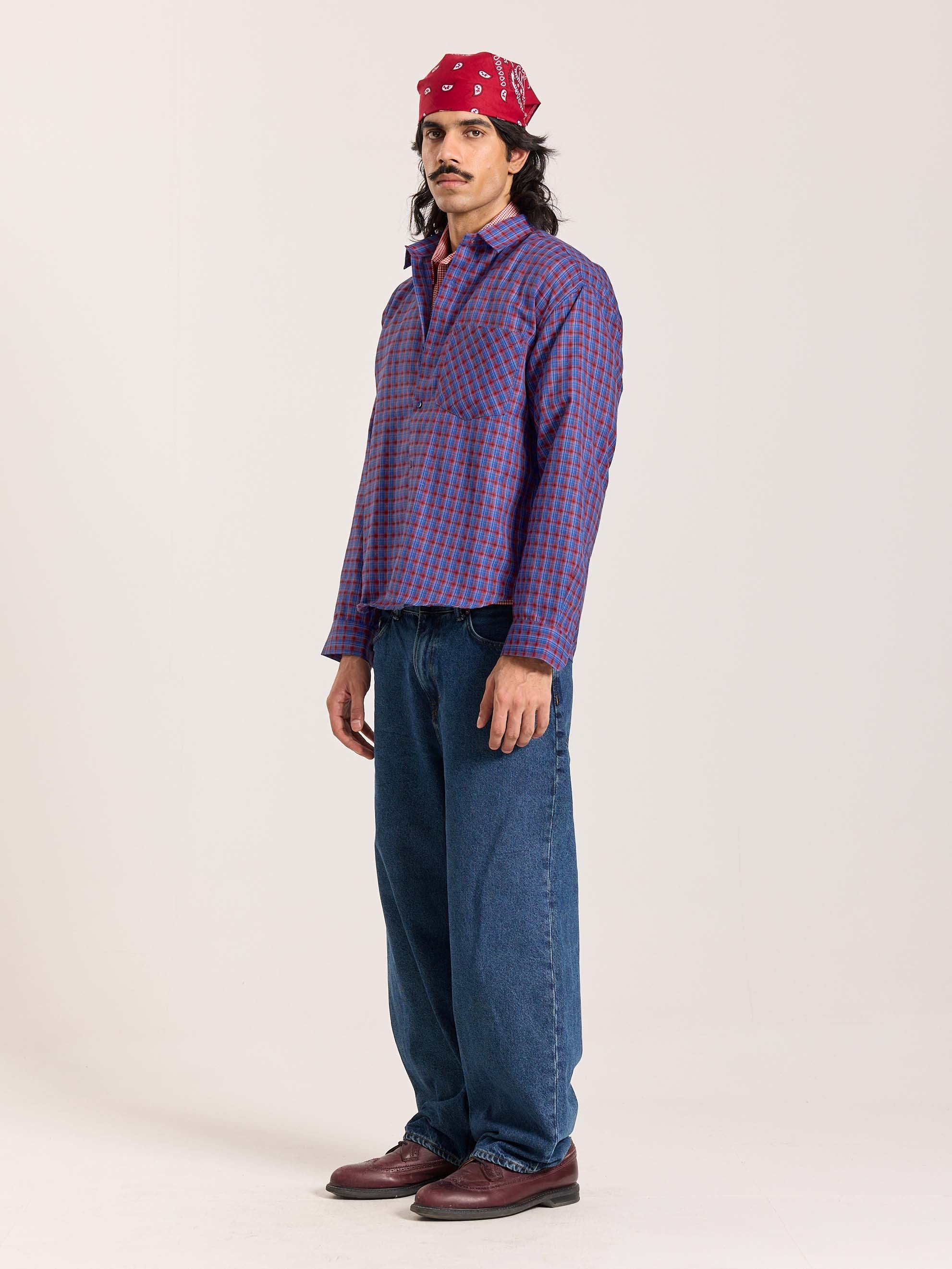 Blue & Red Checkered Oversized Cropped Shirt - Image 6