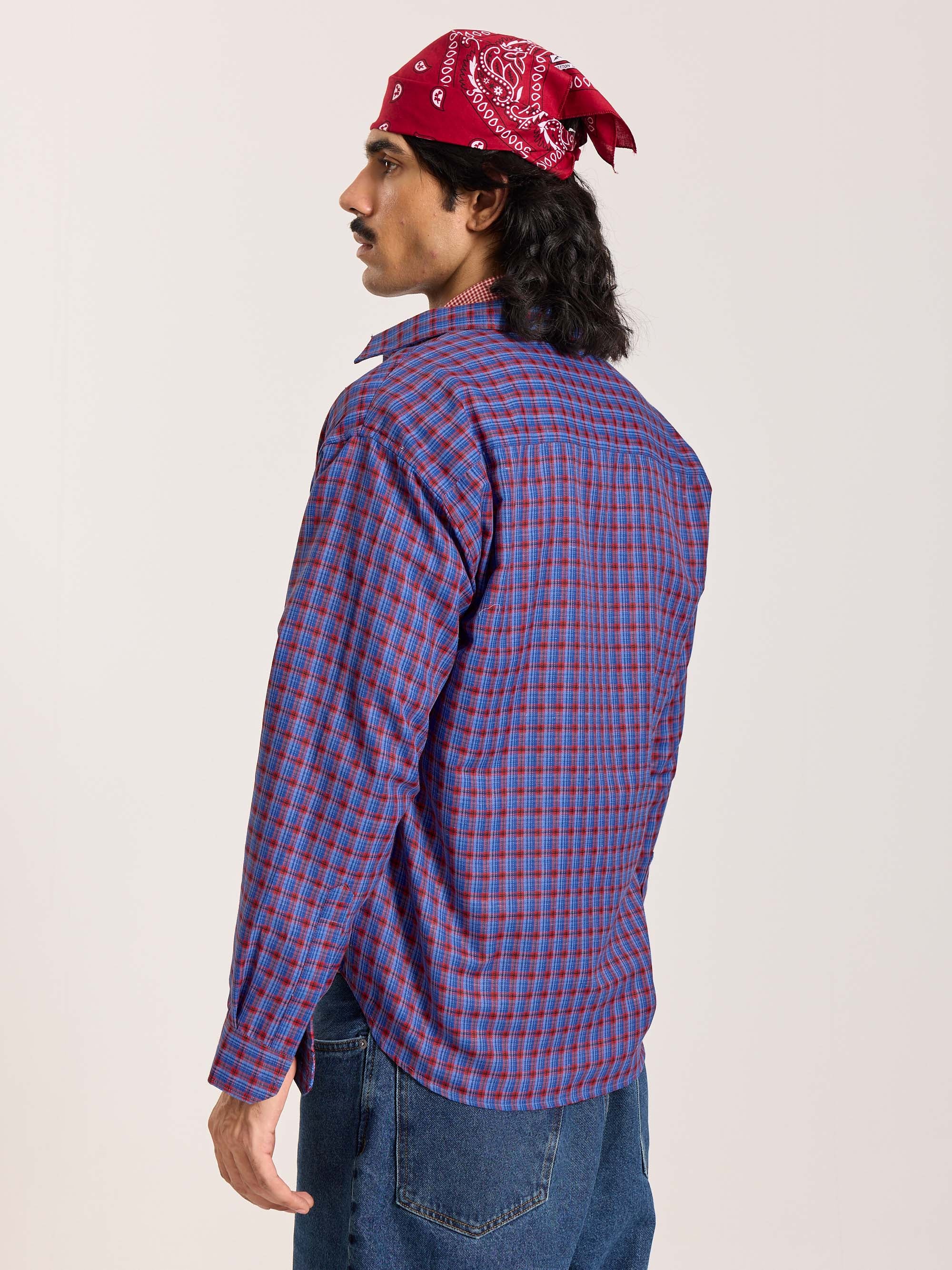 Blue & Red Checkered Oversized Cropped Shirt - Image 8