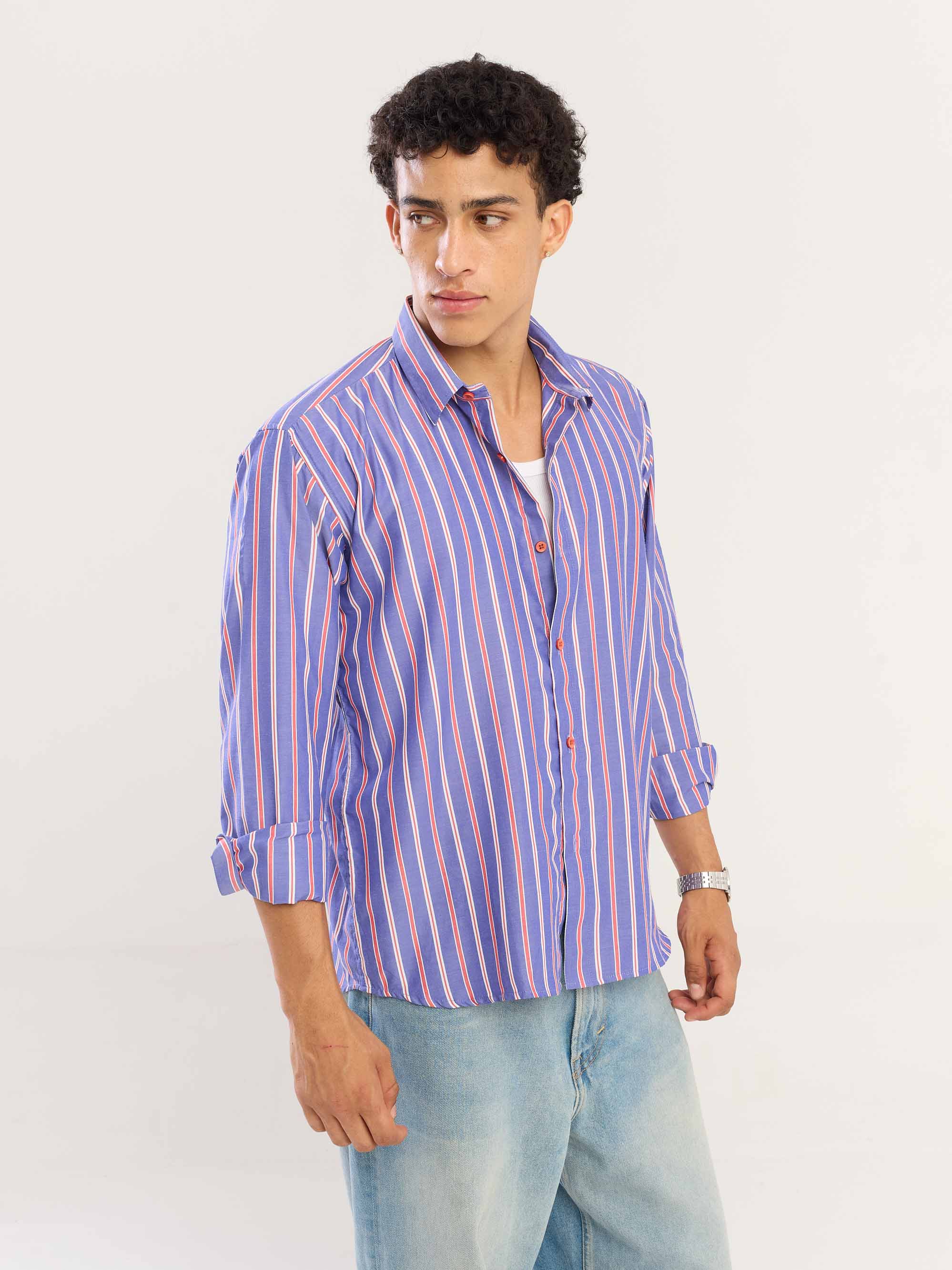 Blue & Red Striped Poplin Shirt - Image 5