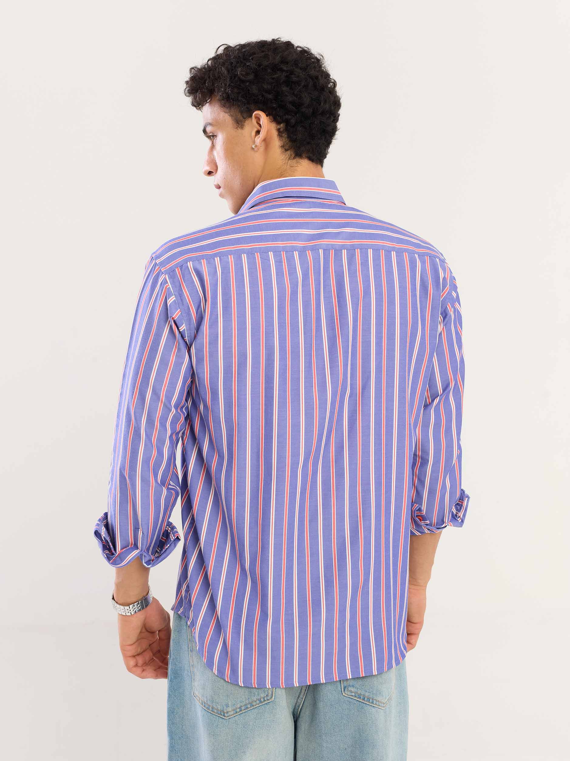 Blue & Red Striped Poplin Shirt - Image 8