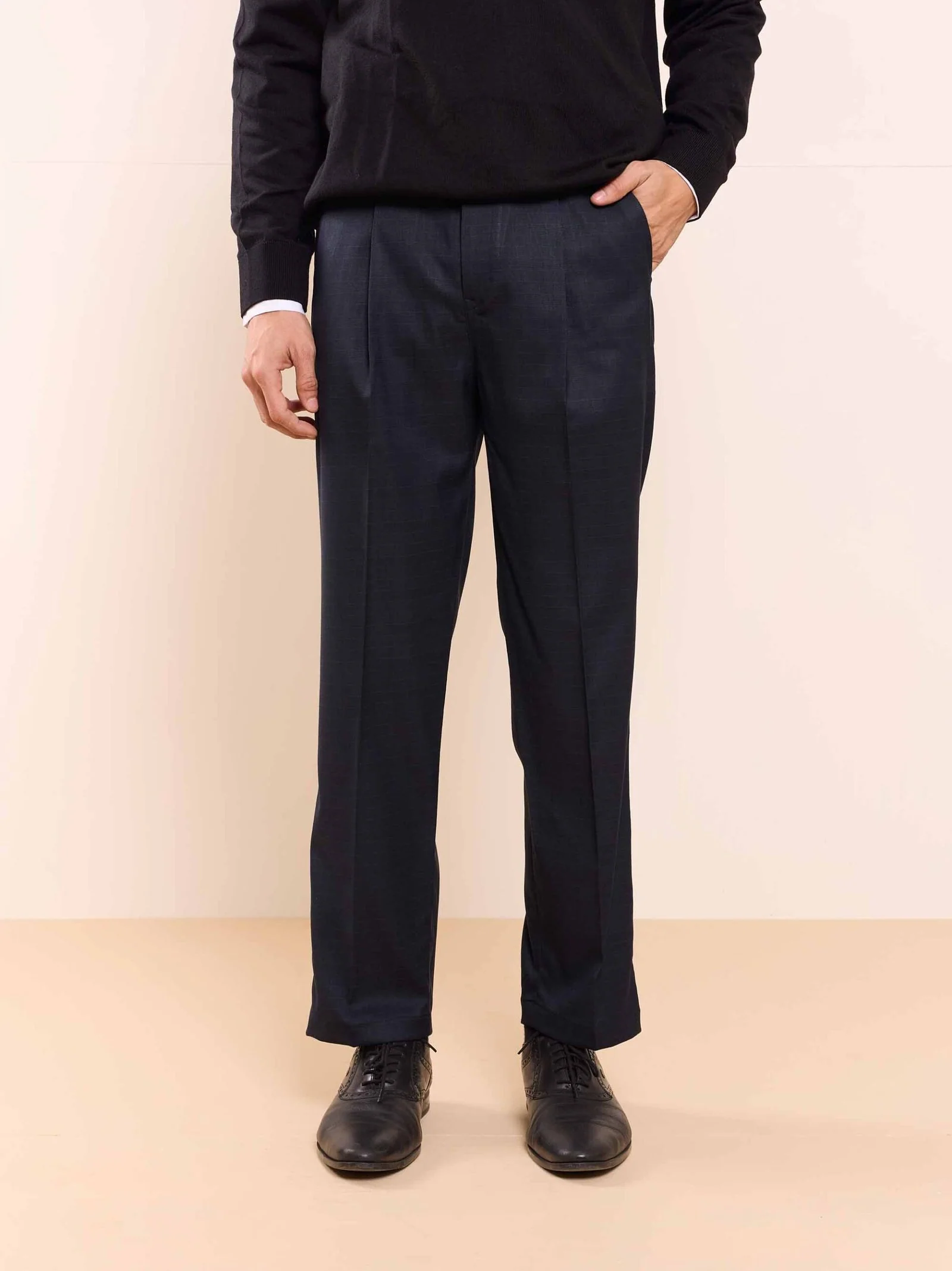 Blue Straight Fit Checked Trousers - Image 3